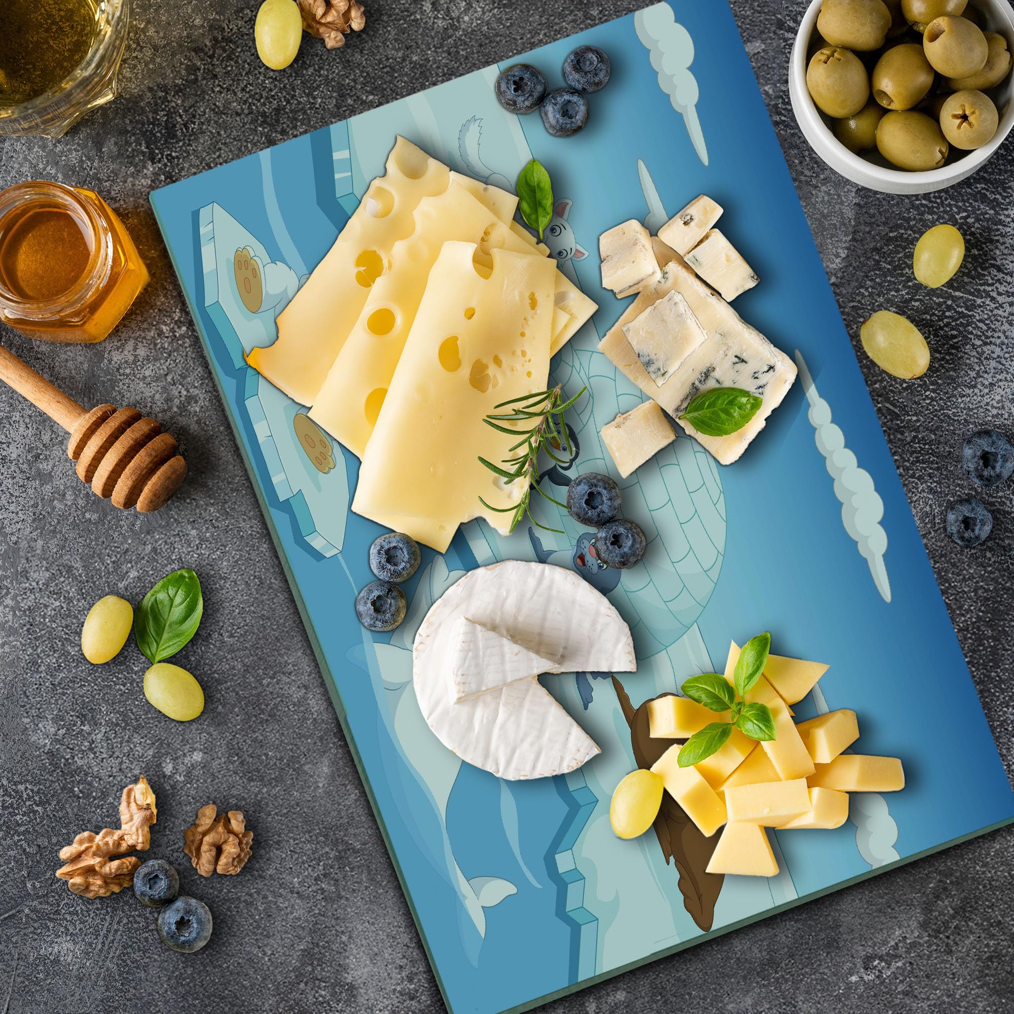 Ambesonne Arctic Animals Tempered Glass Cutting Board - Polar Bears, Seals, Penguins, Wolves & Whales Design - Large Decorative Serving Board in Sky Blue & White - Perfect for Kitchen Prep, Charcuterie & Entertaining