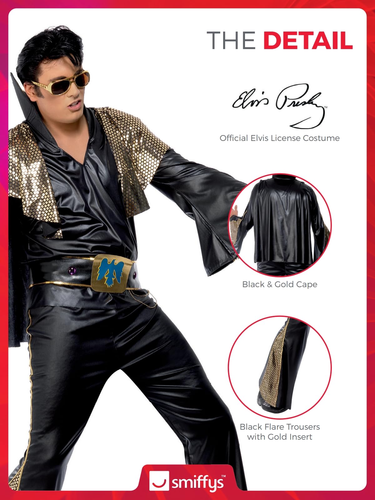 Smiffys Official Elvis Presley Costume for Adults - Black & Gold Shirt, Flared Pants, Cape & Belt Set | Licensed Music-Themed Fancy Dress Outfit for Halloween, Cosplay & Theme Parties