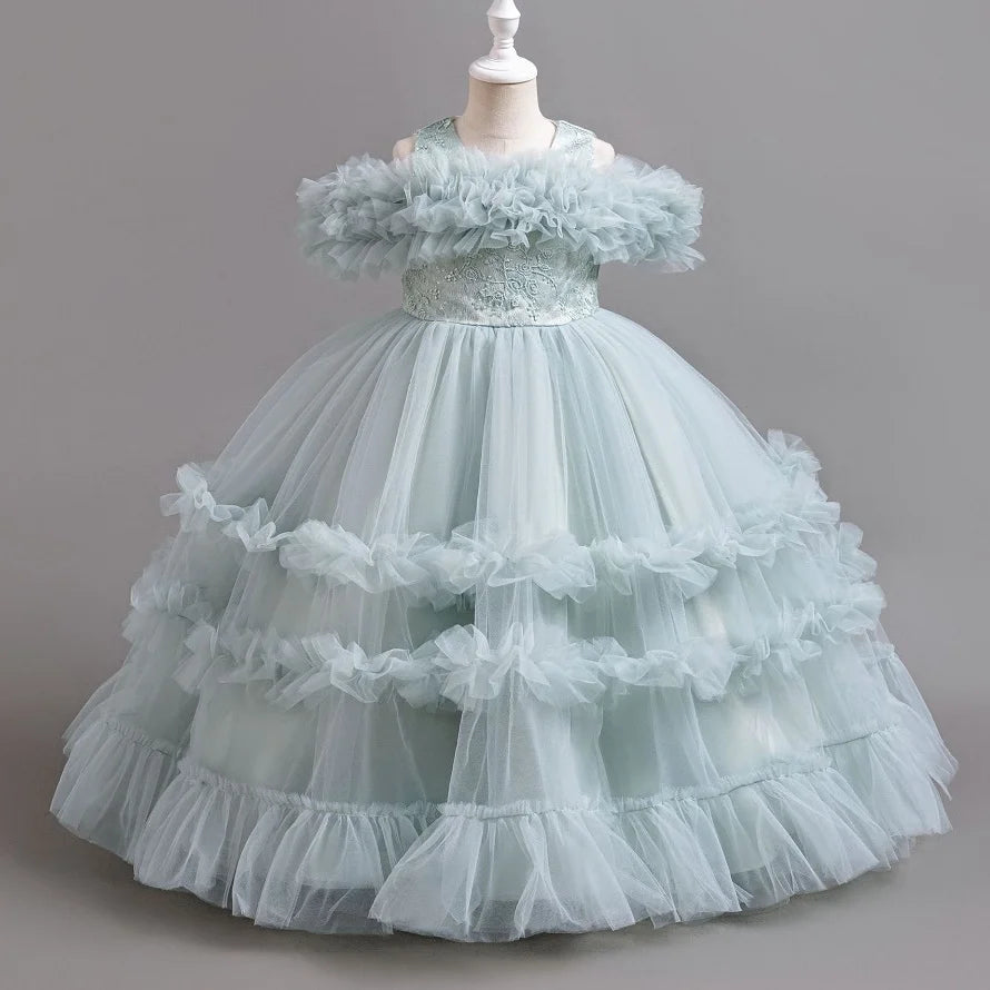 Girls Puff Sleeve Off Shoulder Princess Dress with Bow & Mesh Skirt - Elegant Party Dress for Kids 4-12 Years | Perfect for Birthday Parties, Pageants & Special Occasions
