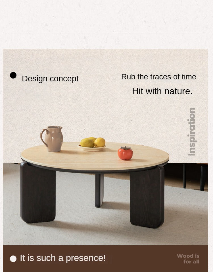 Solid Oak Wood Modern Round Coffee Table - Rustic Farmhouse Living Room Centerpiece for Home Decor