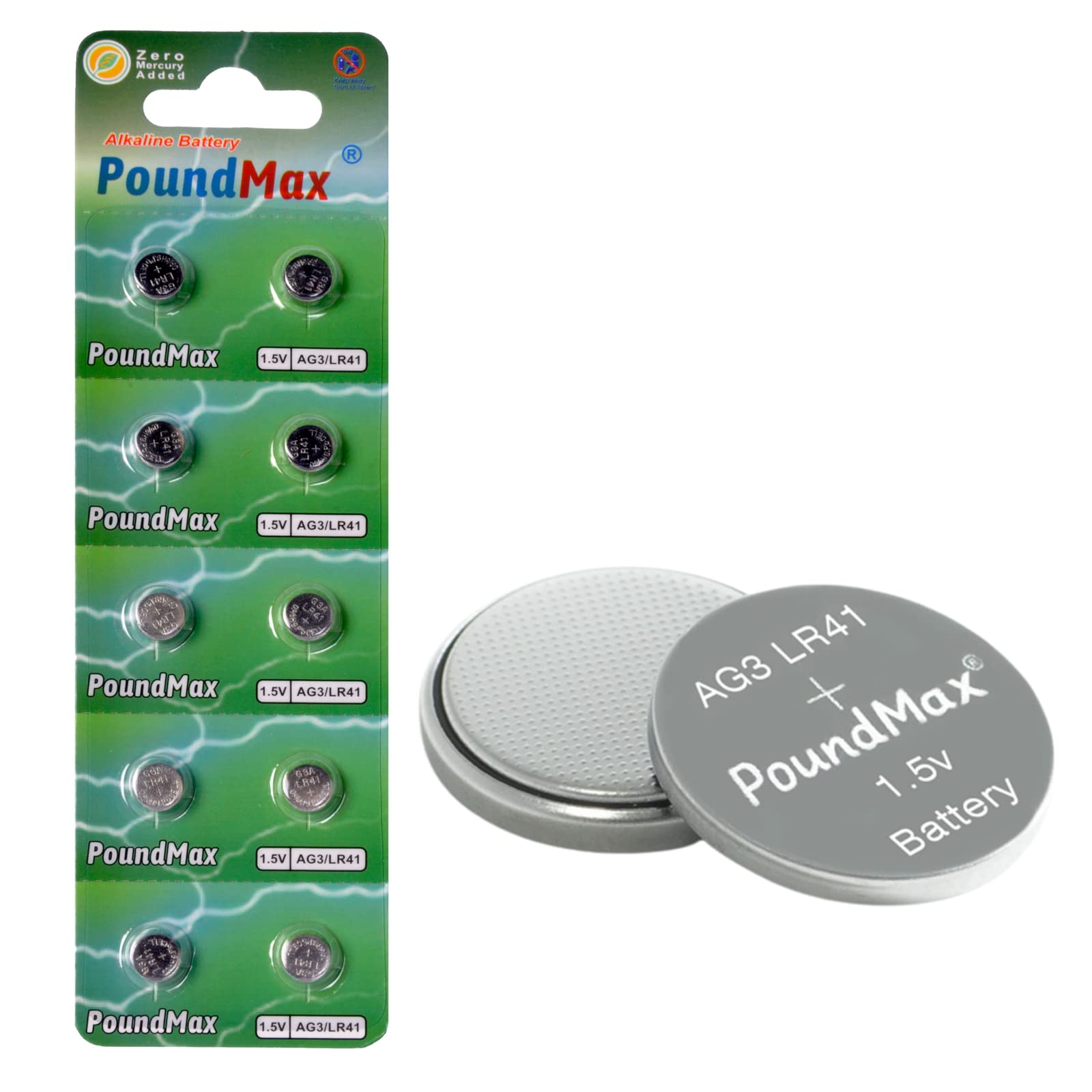 PoundMax AG3 LR41 1.5V Alkaline Button Cell Batteries - 10 Pack for Watches, Calculators, Thermometers & Small Electronics