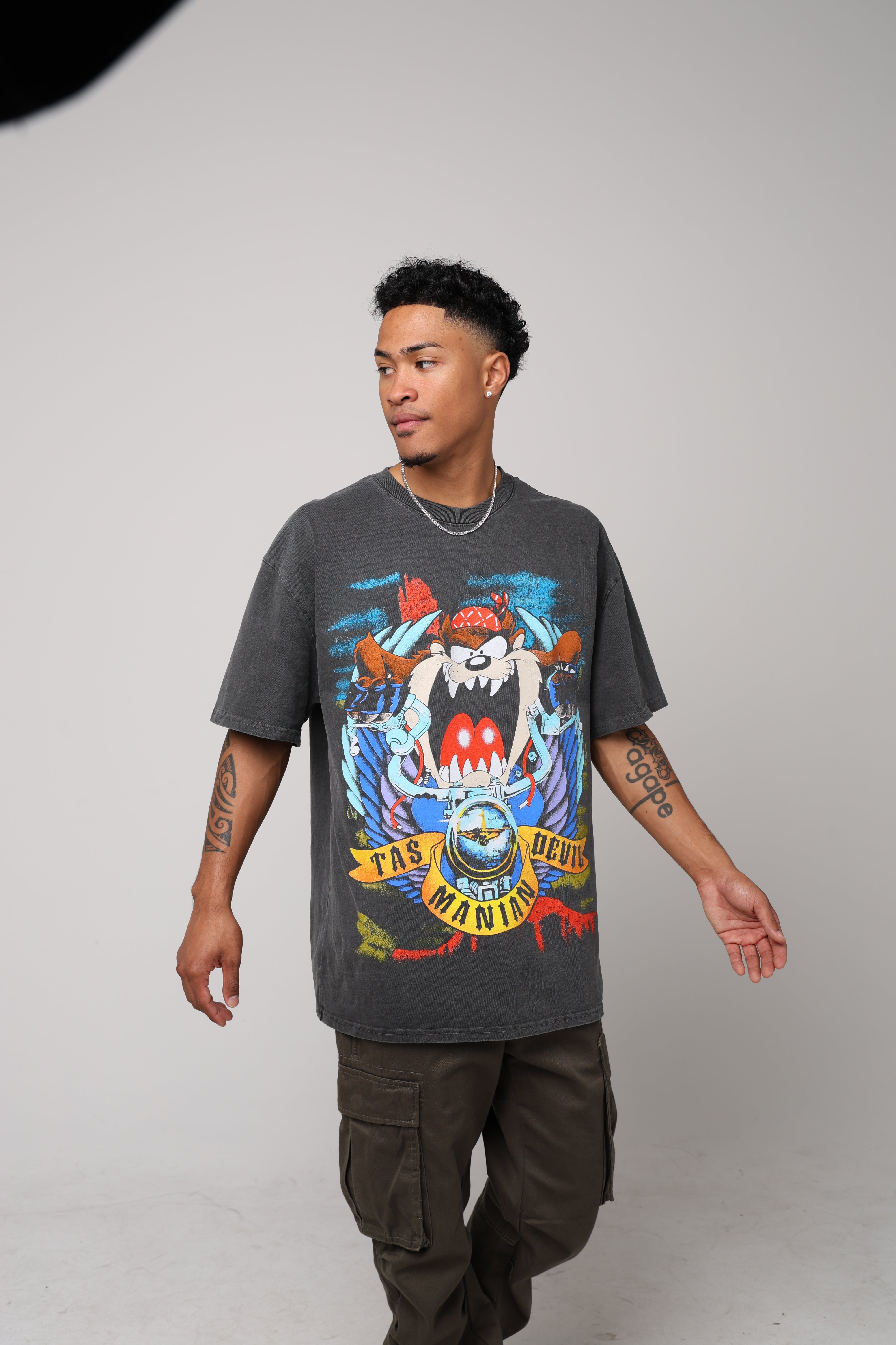 Vintage Looney Tunes Taz Motorcycle Graphic T-Shirt - Heavyweight Cotton Black Wash Tee for Men & Women - Perfect for Casual Wear, Biker Events & Retro Fashion Lovers