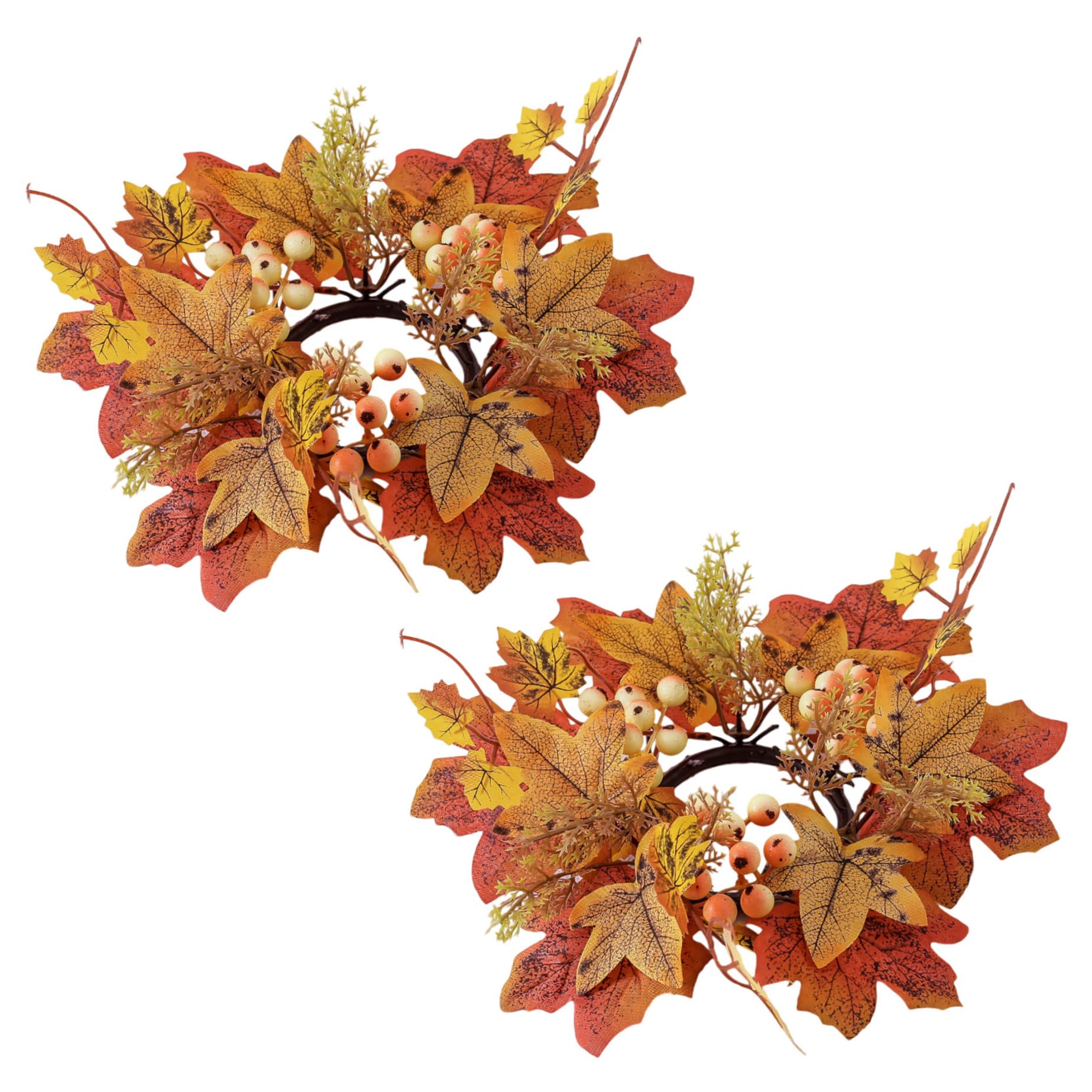 2Pcs Fall Candle Rings 9.8 Inch - Autumn Maple Leaf Wreath for Pillar Candles, Thanksgiving Table Centerpiece Decor, Seasonal Home Decor for Thanksgiving, Fall Mantel, and Holiday Dining Table