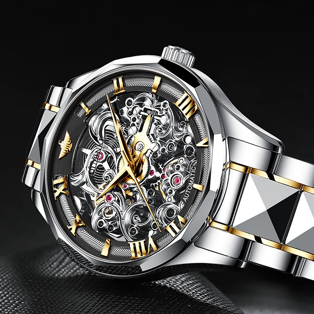 OUPINKE Men's Automatic Skeleton Watch - Self Winding Mechanical Watch with Sapphire Crystal, 50M Waterproof & Tungsten Steel Case - Stylish Hollow Design for Business, Formal & Casual Wear