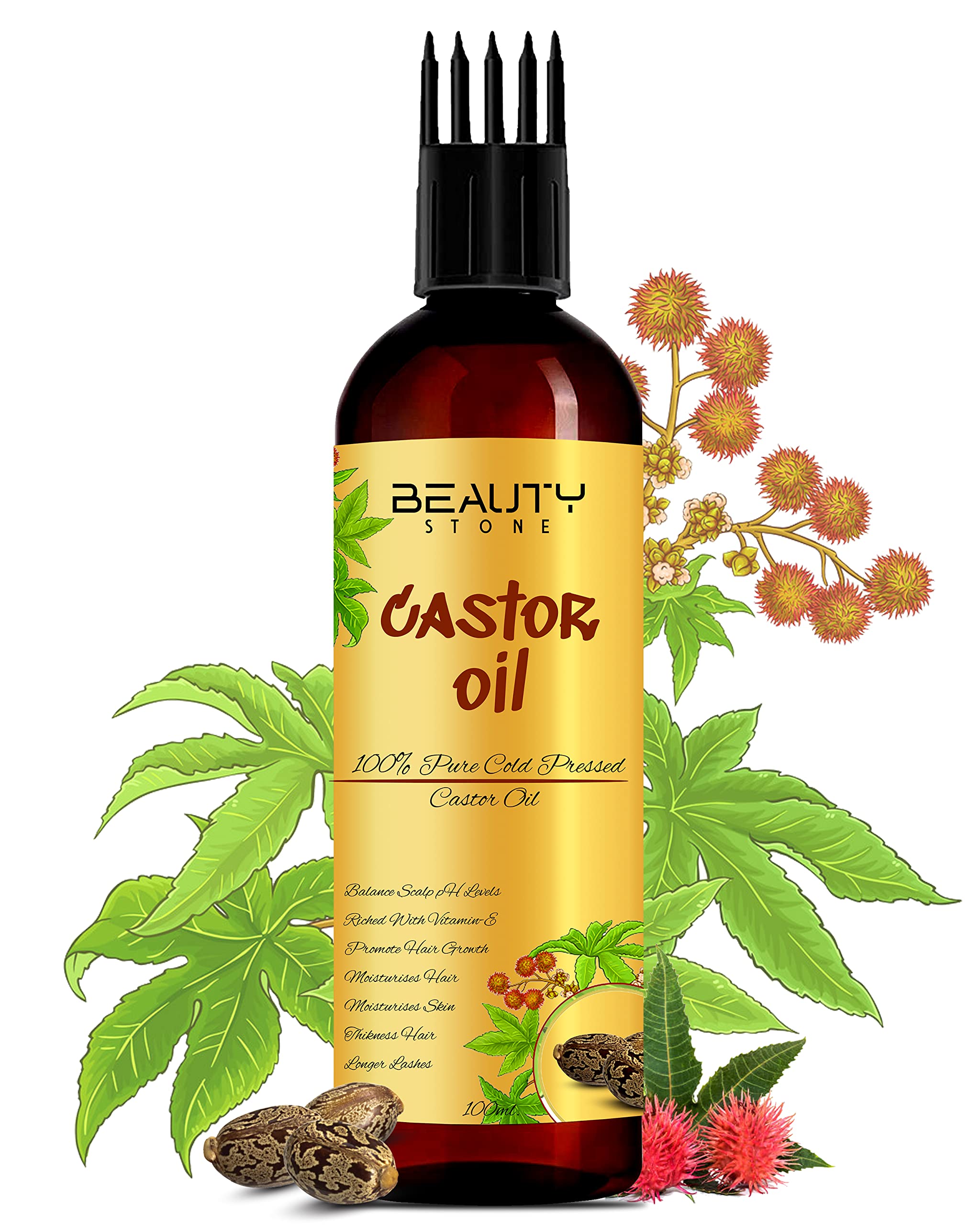 BeautyStone 100% Pure Cold Pressed Castor Oil for Hair Growth & Eyelashes - 6.76 fl oz (200ml) - Natural Moisturizer for Skin, Beard & Scalp Care - Perfect for DIY Beauty Treatments & Massage Therapy