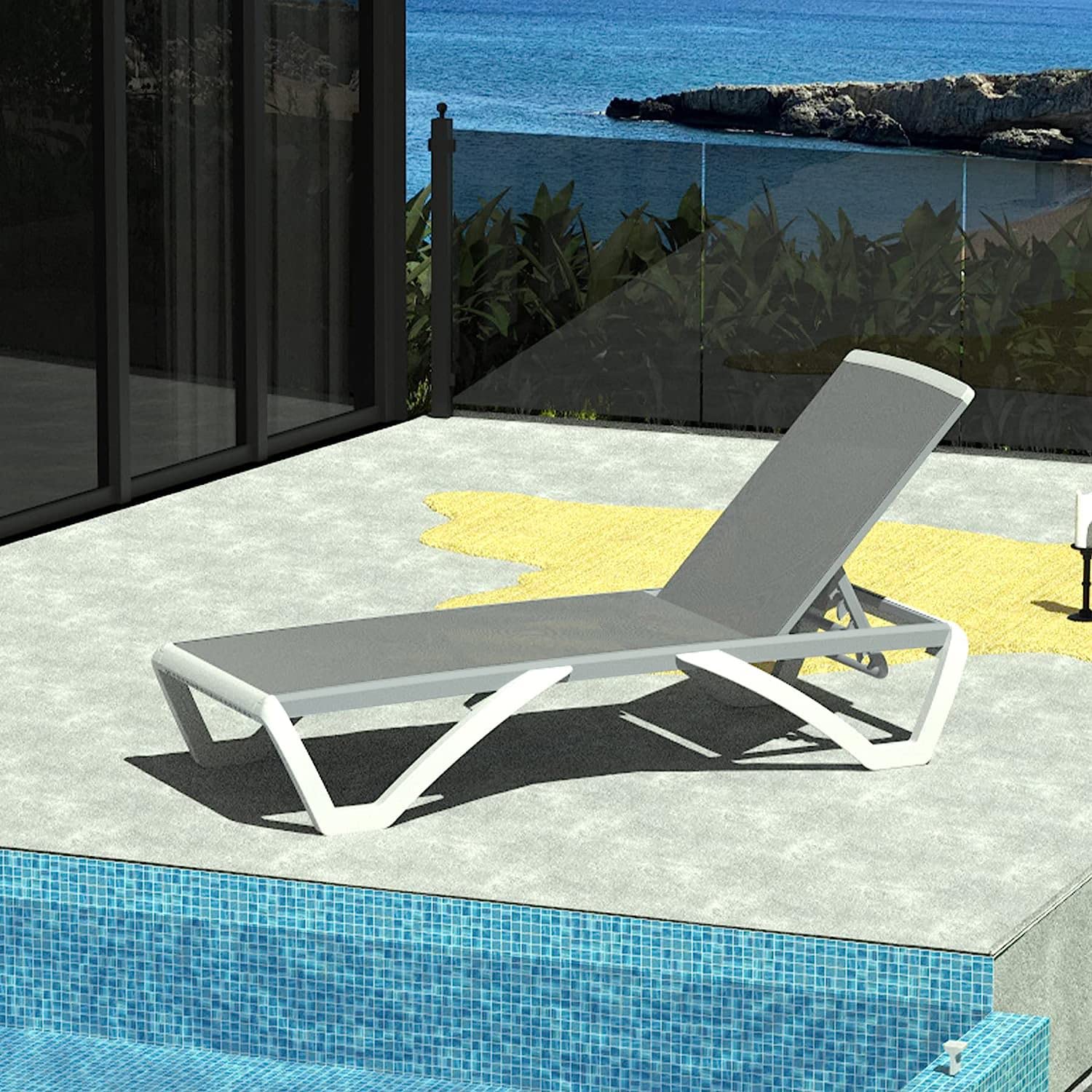 **Domi Patio Chaise Lounge - Adjustable Outdoor Aluminum Chair with Polypropylene Webbing for Beach, Yard, Balcony & Poolside - Perfect for Sunbathing & Relaxing (Grey, 1-Pack)**