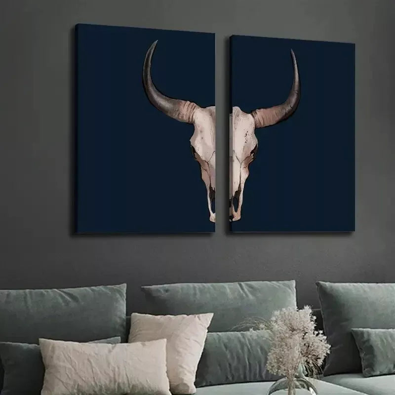 2Pcs Skull Artwork Canvas Wall Decor - Southwest Desert Cowboy Painting Framed 50x75cm - High Quality Print Ready to Hang - Perfect for Western Home Decor, Man Cave & Ranch Style Living Rooms