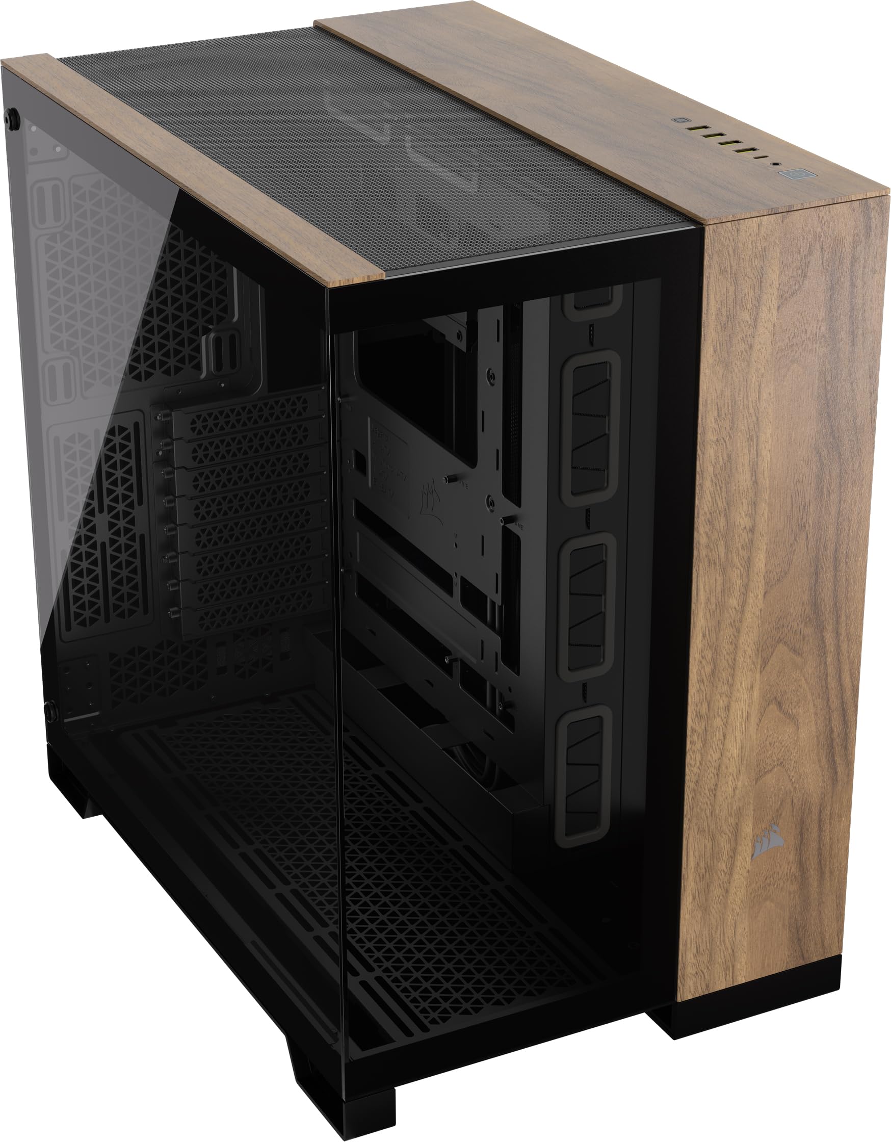 CORSAIR 6500X Mid-Tower ATX Dual Chamber PC Case - Panoramic Tempered Glass, Reverse Connection Motherboard Compatible, High Airflow Design - Black/Walnut Wood (No Fans Included) - Perfect for Gaming Rigs, Workstations & Custom PC Builds