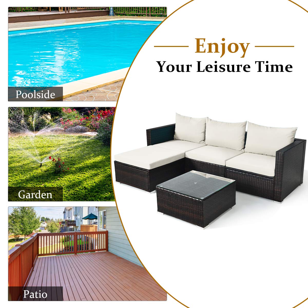 Tangkula 5-Piece Outdoor Patio Furniture Set - Sturdy Wicker Sectional Sofa with Glass Top Coffee Table, 360lb Weight Capacity - Perfect for Porch, Garden, Poolside & Backyard Relaxation (White)