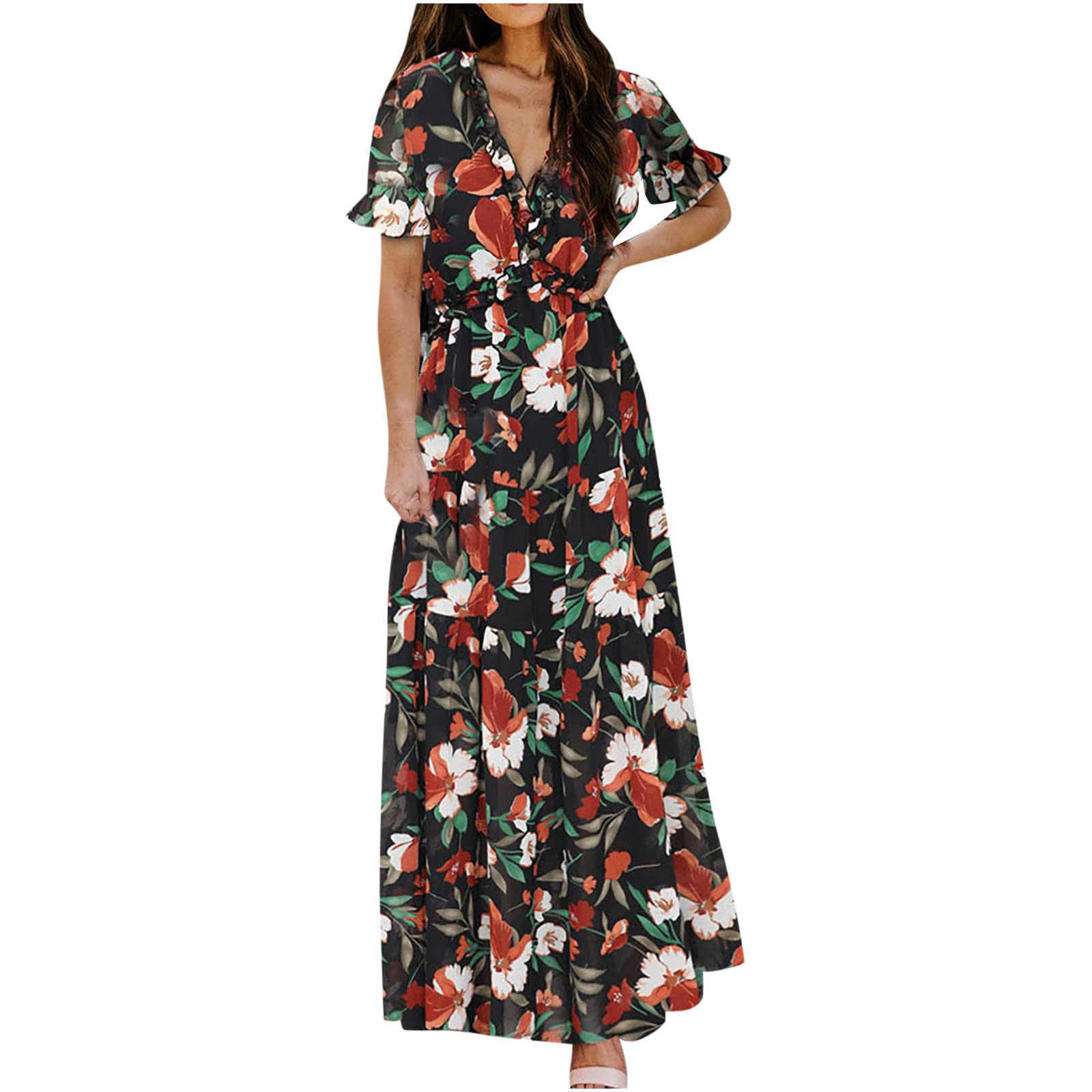 BmkBWO Women's Maxi Dress - Floral Printed Short Sleeve Summer Dress with V-Neck, Loose Flowy Design for Casual Wear, Wedding Guest Outfits & Beach Vacations | Perfect for Summer Parties, Date Nights and Tropical Getaways