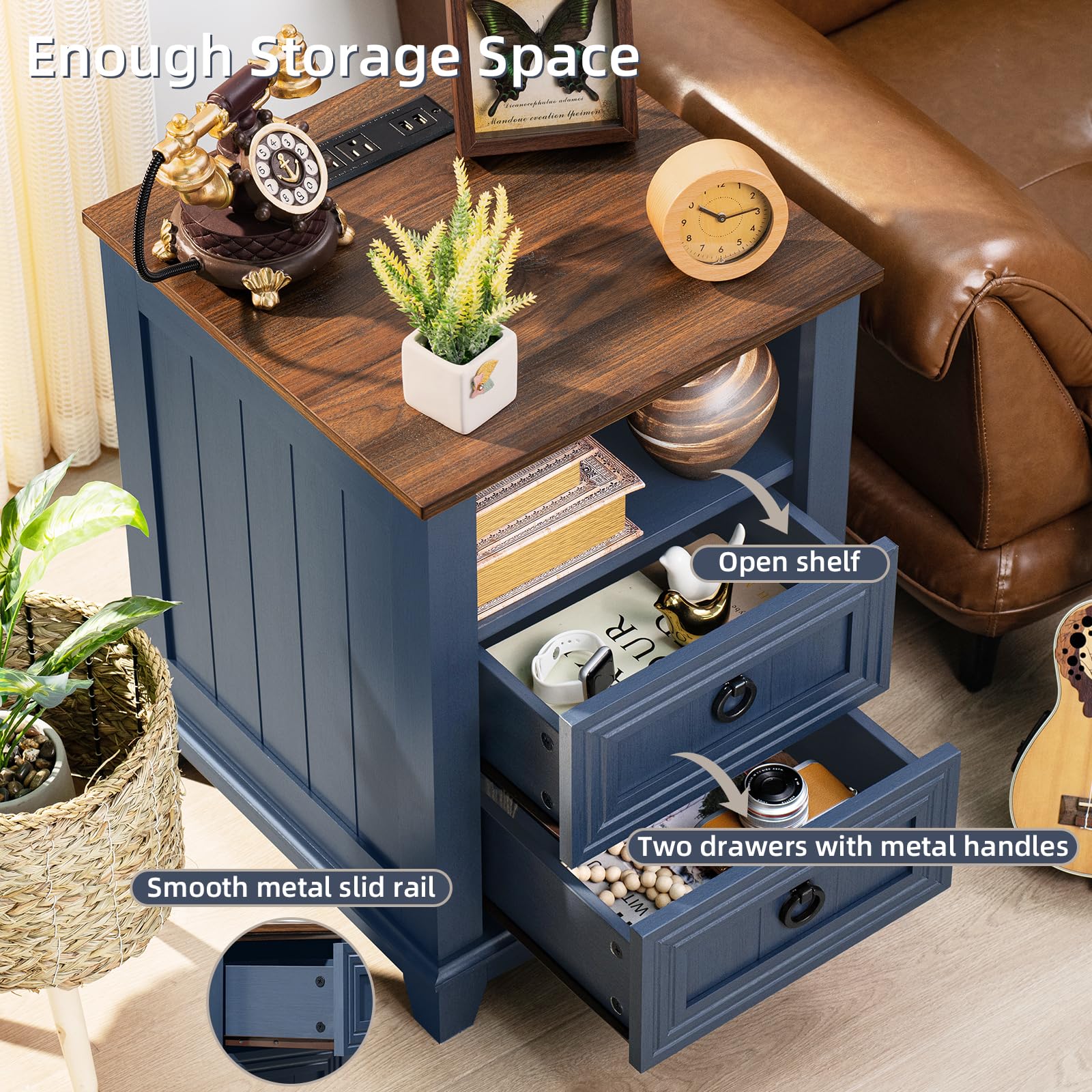 Farmhouse Style Nightstand Set of 2 with Charging Station & 6-Drawer Wood Dresser - 54