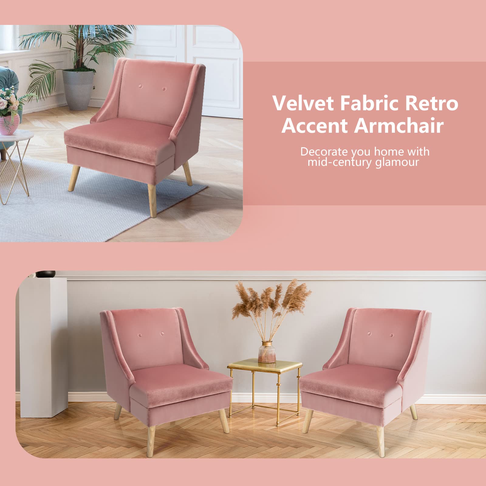 Velvet Accent Chairs Set of 2 - Upholstered Armchairs with Rubber Wood Legs, Button Tufted Club Chairs for Living Room, Bedroom, Reading Nook - Soft Pink Velvet Sofa Chairs for Home Decor & Relaxation