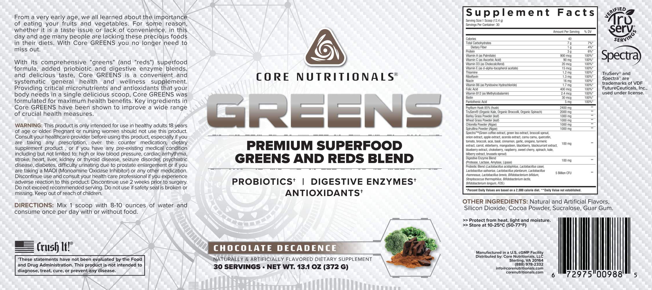 Core Nutritionals Greens Platinum Premium Superfood Greens and Reds Powder - Chocolate Flavor | 30 Servings with 5 Billion CFU Probiotics | Supports Digestion, Gut Health & Immunity | Perfect for Smoothies, Post-Workout Recovery & Daily Wellness Routine