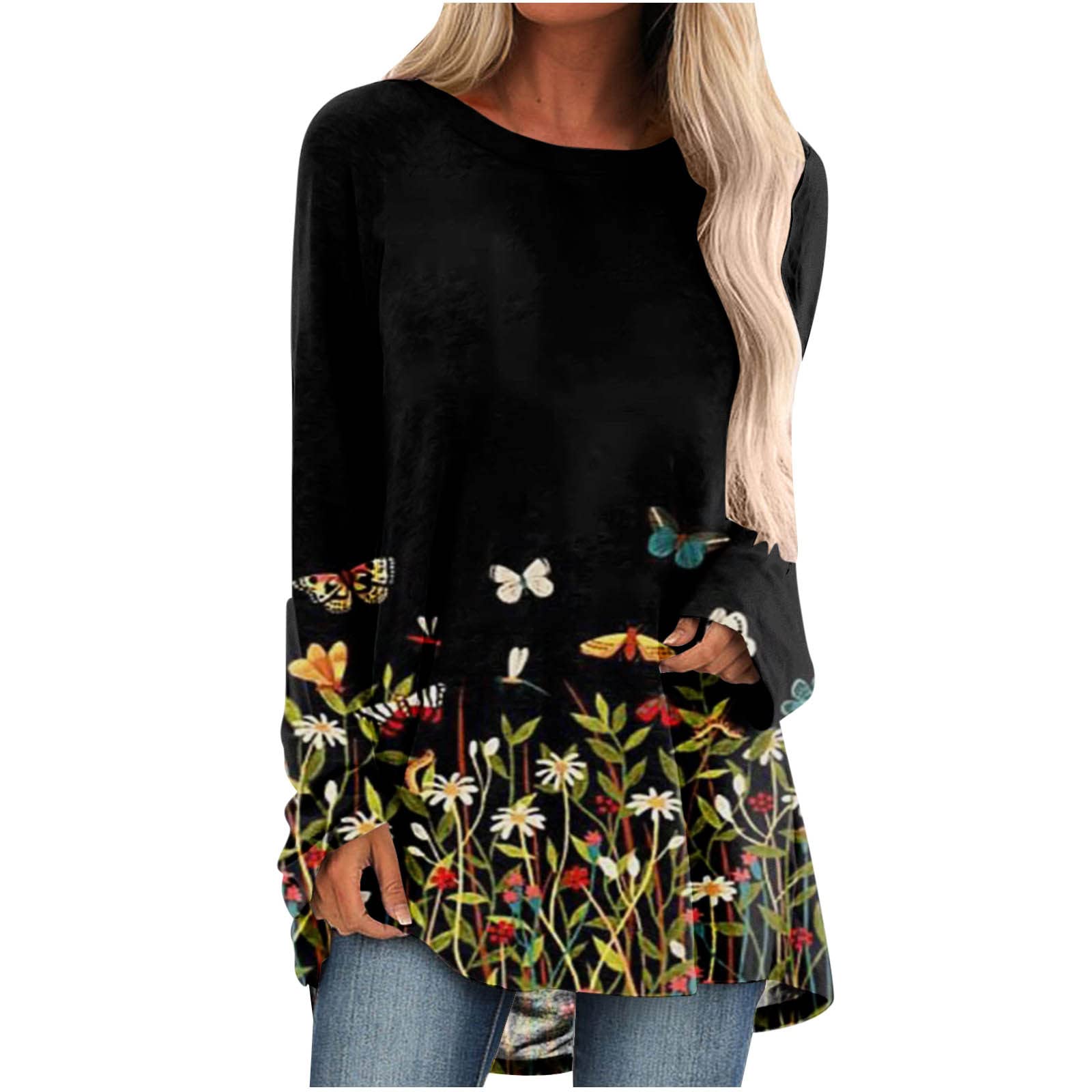 Women's Floral Printed Long Sleeve Blouse - Casual Loose Fit Round Neck Tops for Everyday Wear | Office, Date Night & Spring Outfits 2023