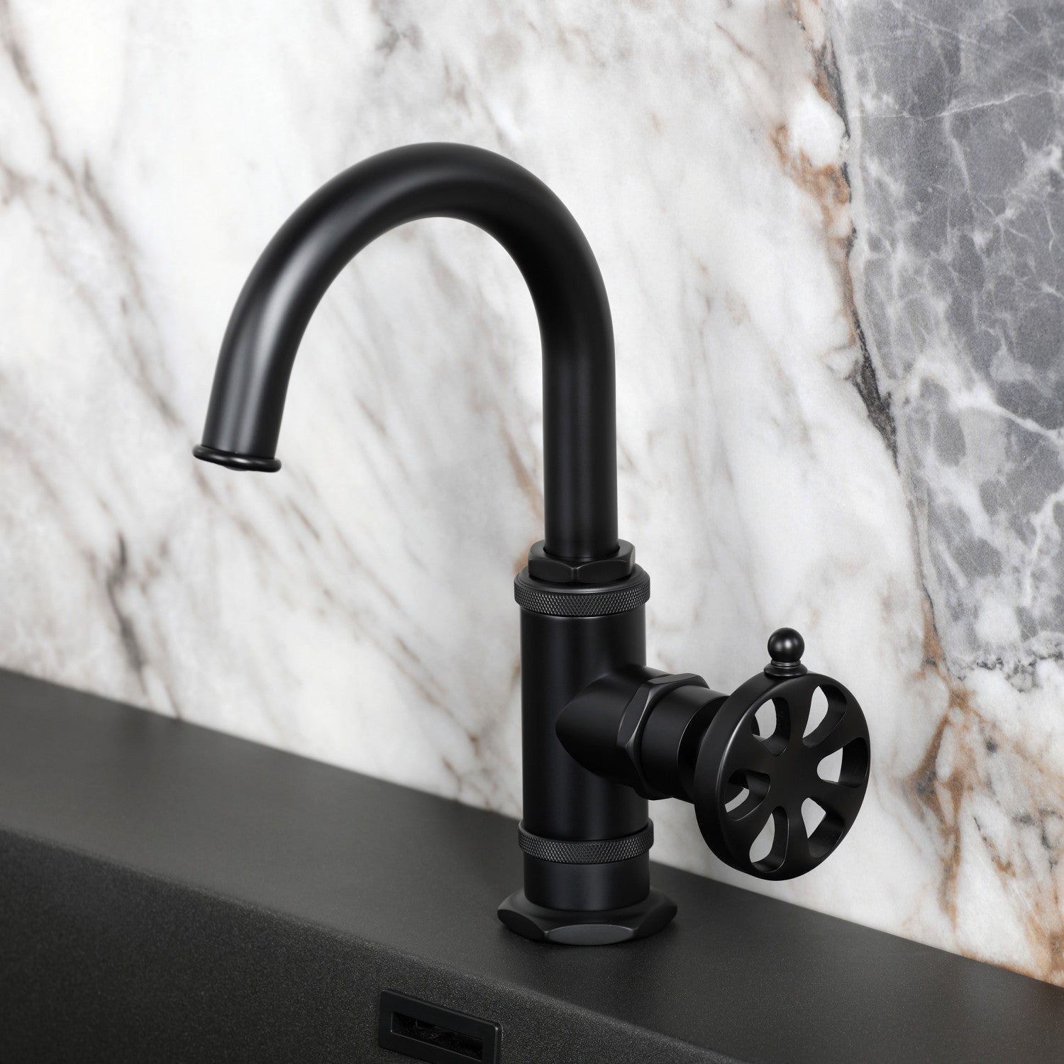 Belknap KSD2210RX Matte Black Single Handle Bathroom Sink Faucet with Deck Plate & Push Pop-Up Drain - Perfect for Modern Bathroom Renovations & Small Space Vanities