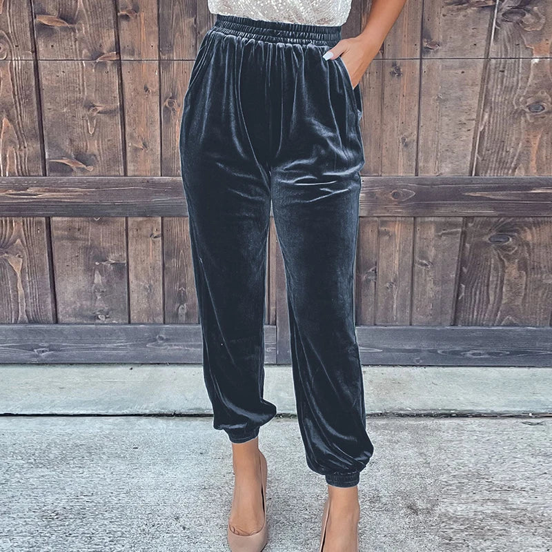 Stylish Red Velvet High Waist Pants for Women - Soft Stretch Elastic Waistband Comfortable Loose Fit Casual Trousers for Fall Winter Fashion (Perfect for Office, Party & Holiday Outfits)
