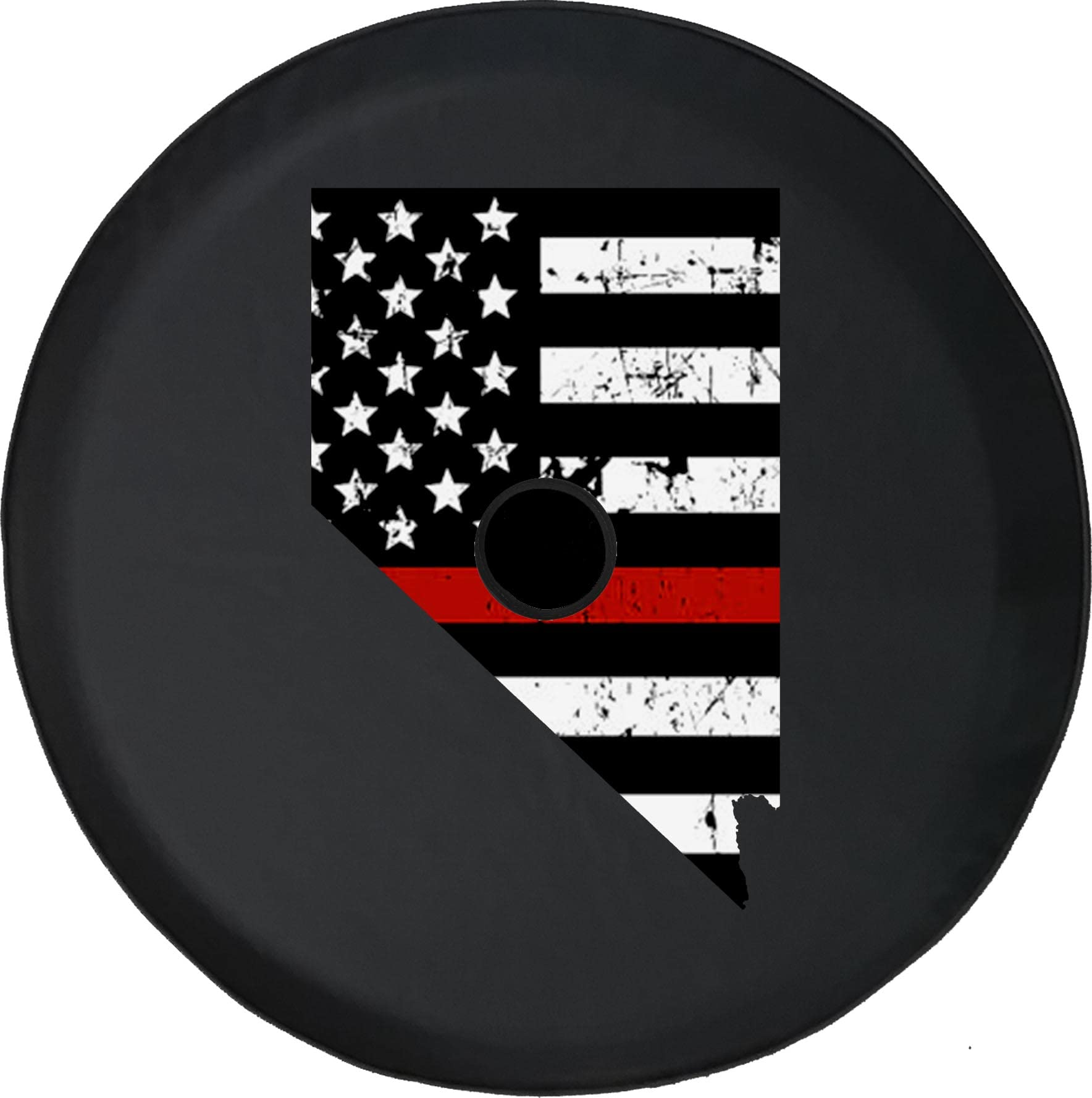 33 Inch Black Spare Tire Cover with Thin Red Line Distressed American Flag Design & Backup Camera Hole - Durable Off-Road Accessory for Trucks, Jeeps & SUVs