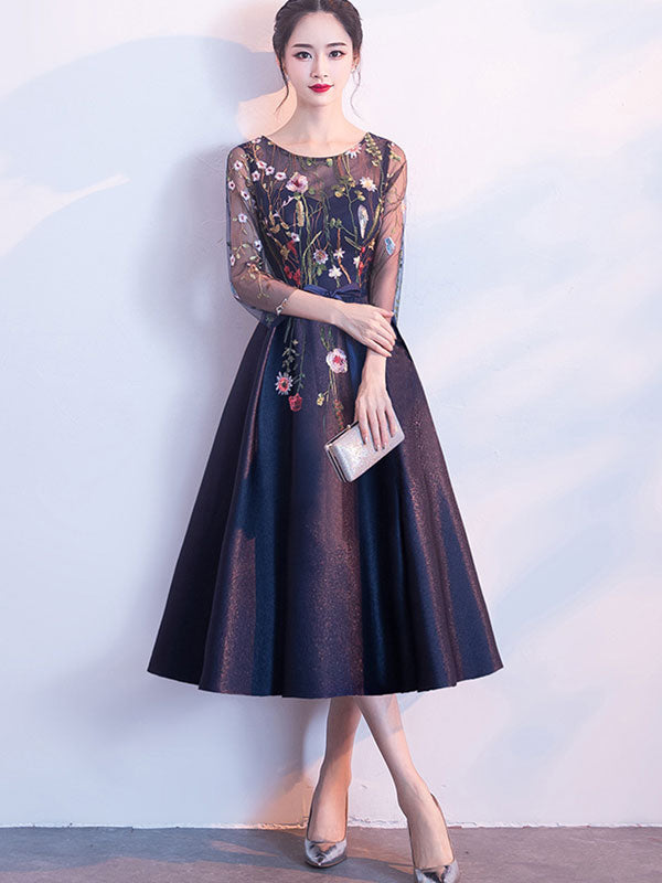 Elegant Blue Floral Midi Illusion A-Line Prom Dress for Homecoming, Wedding Guest & Special Occasions | Formal Evening Gown for Women