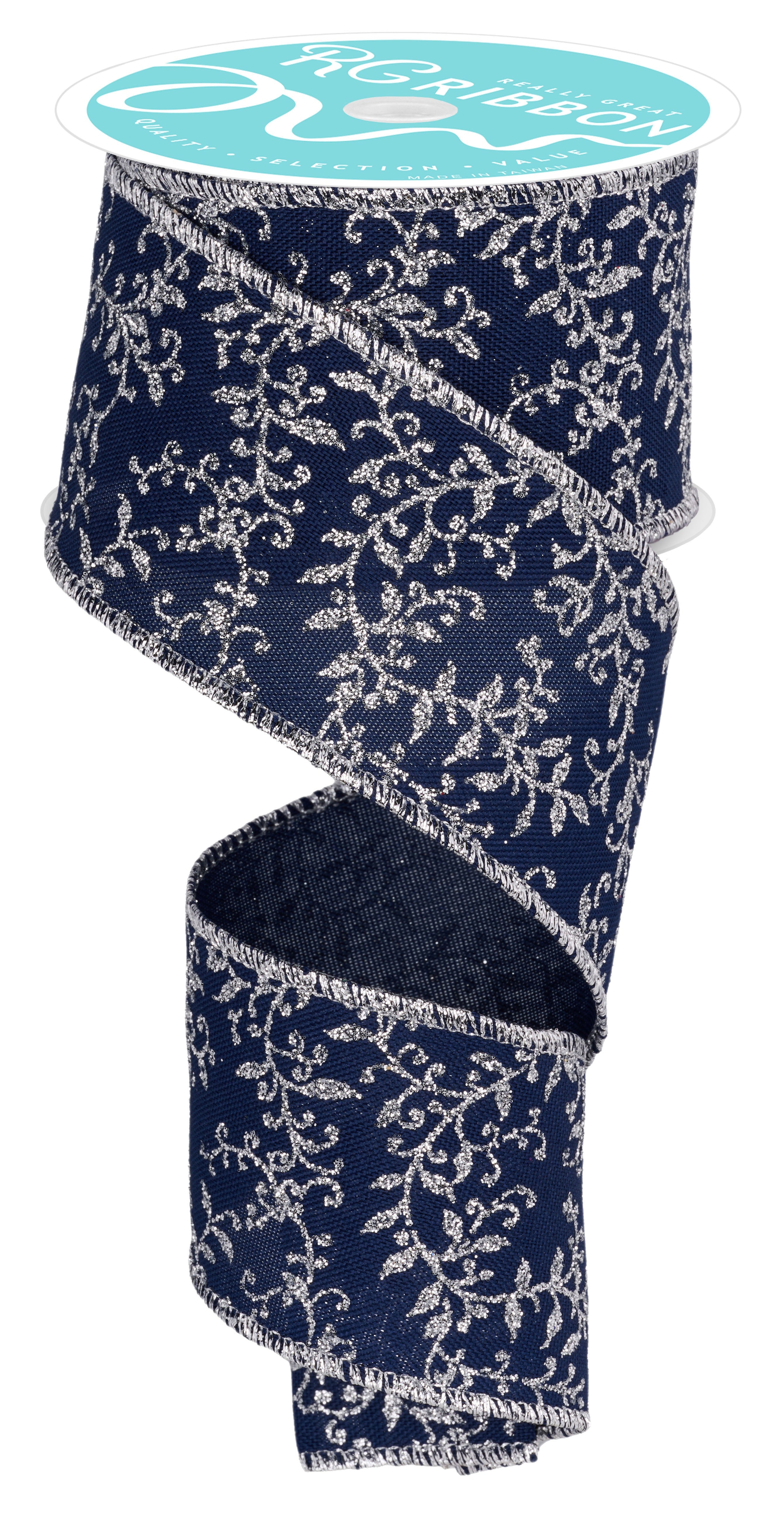 10 Yards Navy Blue & Silver Glitter Vine Ribbon for Christmas Tree Decorations, Gift Wrapping, Wedding Bouquets & DIY Crafts