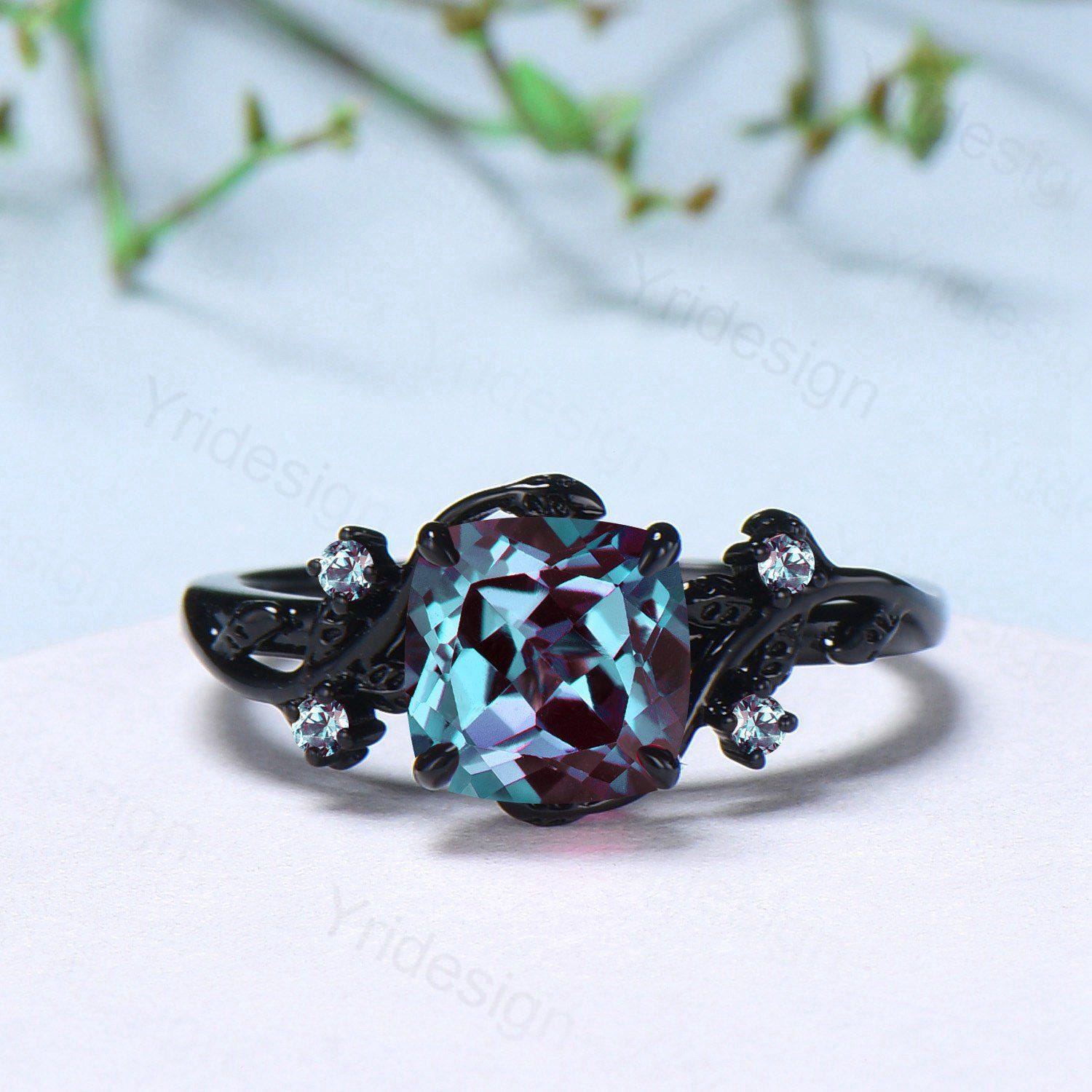 Unique Gothic Alexandrite Wedding Ring Set - Black Gold Cushion Cut Evil Eye Engagement Ring for Women | Nature-Inspired Bridal Jewelry for Weddings & Special Occasions