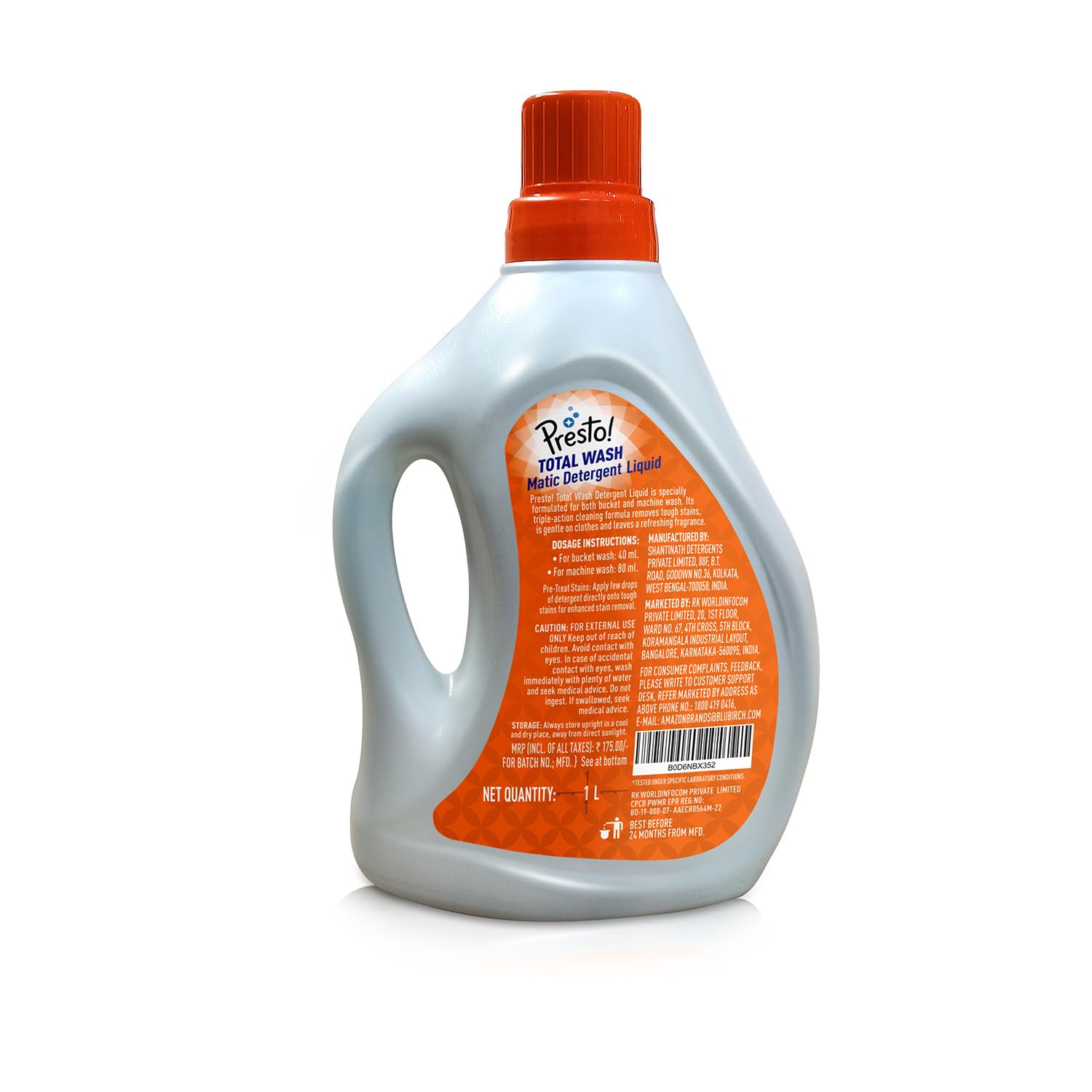 Presto Total Wash Liquid Laundry Detergent 1L (33.8 fl oz) - Ultra Concentrated, Deep Cleaning, Fresh Scent - Ideal for HE & Standard Washing Machines, Perfect for Family Laundry & Stain Removal
