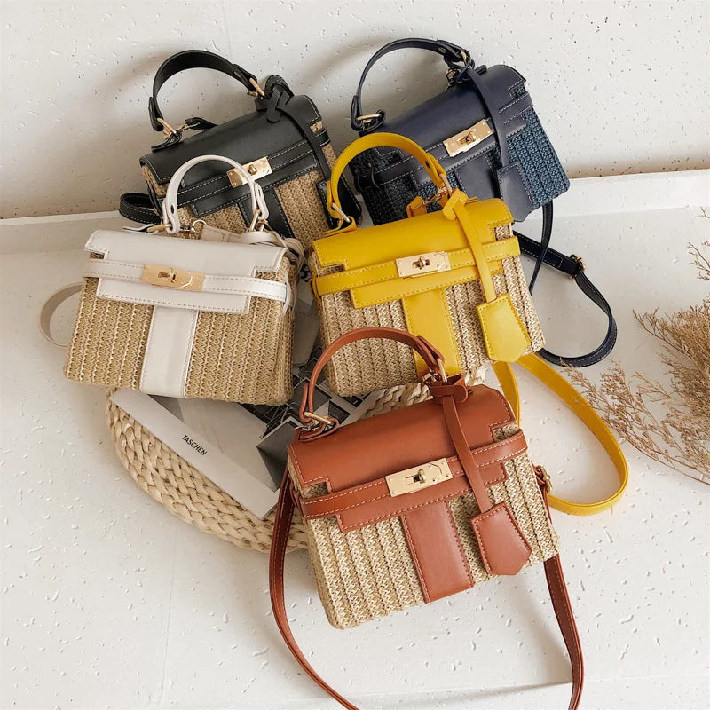 Stylish Woven Straw Handbag for Women - Designer Wicker Crossbody Shoulder Bag with Chic Lock, PU Trim - Perfect for Summer Beach, Vacation & Outdoor Activities