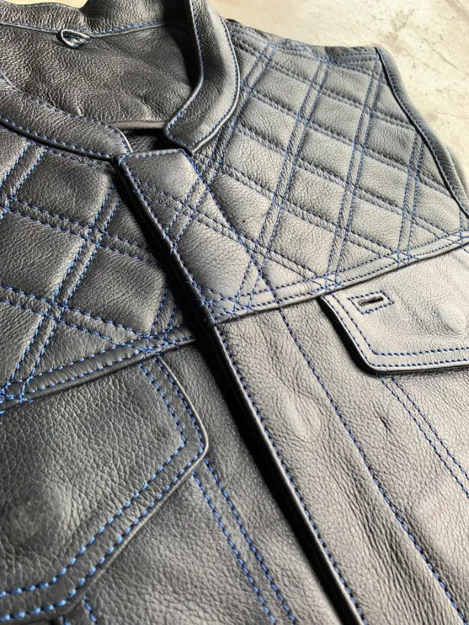 Open Road Men's Upside Leather Vest with Blue Stitched Diamonds - Stylish Biker Jacket for Motorcycle Riding & Casual Outfits
