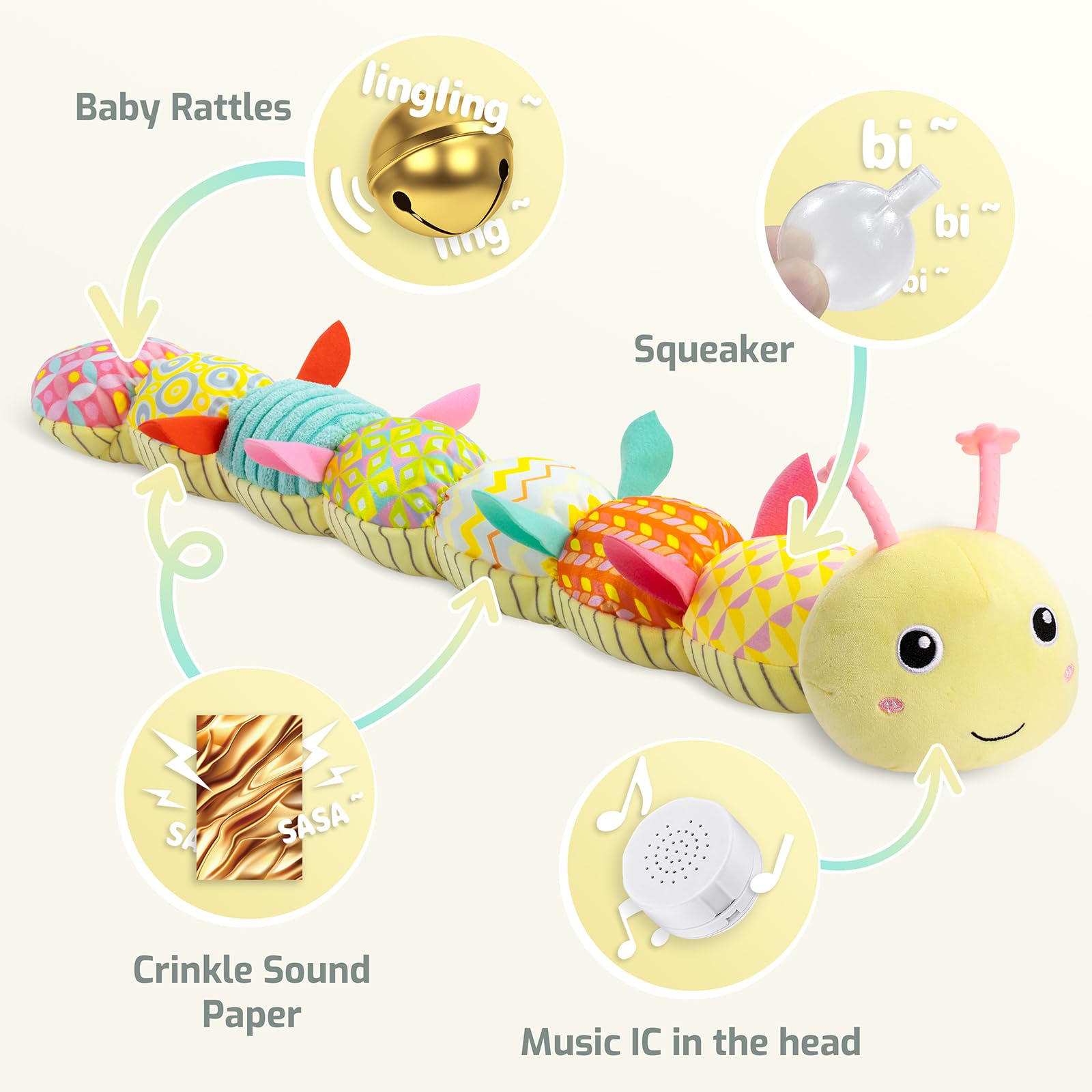 Sumobaby Musical Caterpillar Stuffed Animal Toy - Soft Teething & Sensory Activity Toy for Babies 0-12 Months with Crinkle, Rattle & Textures - Perfect for Tummy Time, Early Learning & Baby Shower Gifts (Yellow)
