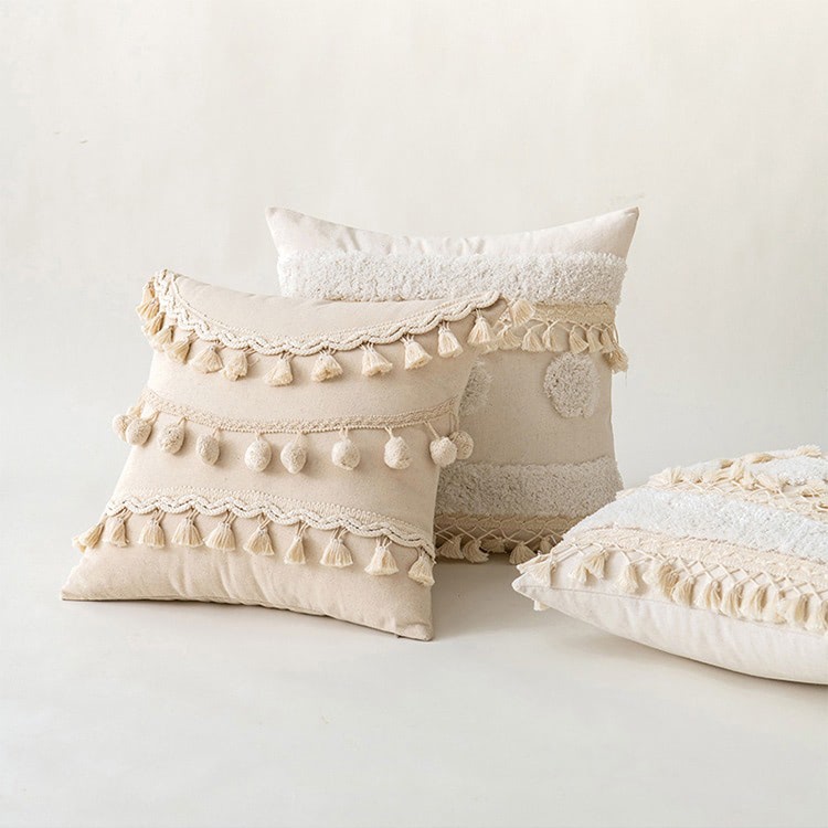 Boho Tassels Tufted Cushion Cover - Handmade Cotton Pillow Case for Sofa, Bed, Chair - Perfect for Bohemian Home Decor & Living Room Accent