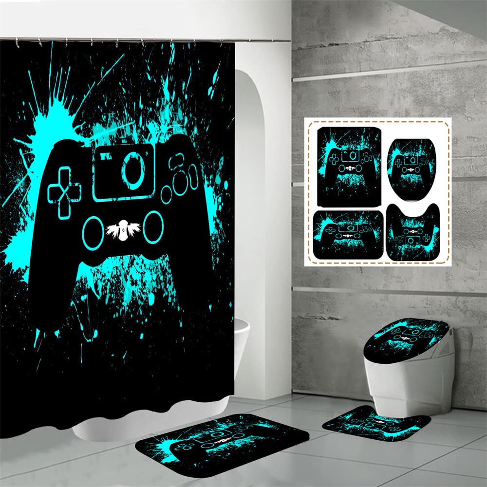 3D Digital Printing Shower Curtain Set with Gamepad Design - 4 Piece Bathroom Decor Including Non-Slip Floor Mat | Perfect for Gamer Bathrooms, Modern Home Decor & Unique Gift Ideas
