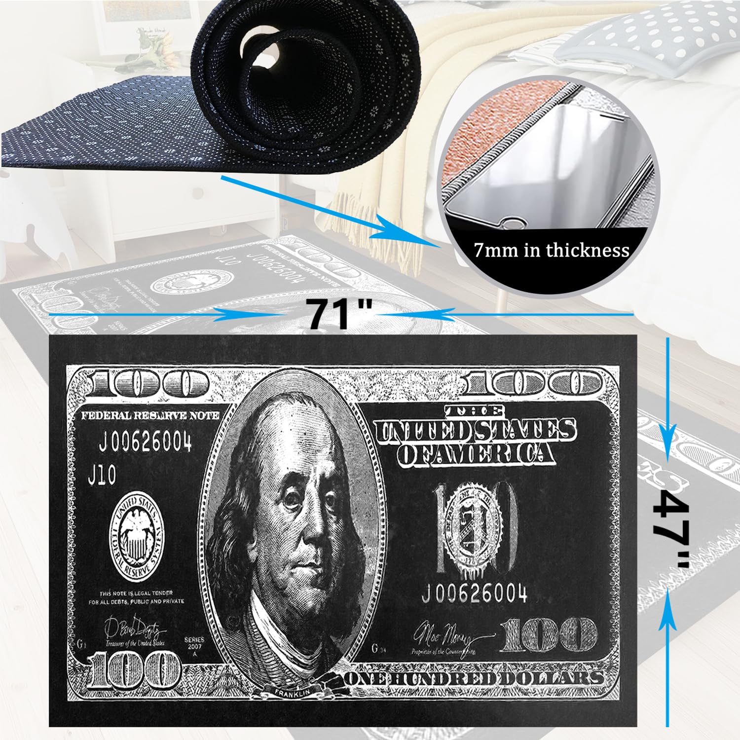 4x6 Non-Slip Dollar Bill Area Rug - Black & White Money Design Washable Carpet for Living Room, Bedroom, Office & Dining Room | Modern Decor for Men's Space (47x71 Inches) | Perfect for Home Decor, Gifts & Themed Parties