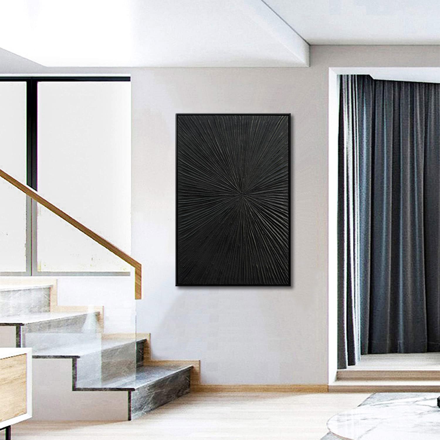 Modern Abstract Framed Black Relief Wall Art - Handmade Oil Painting on Canvas with Quartz Sand Texture - Elegant Home Decor for Living Room, Bedroom & Office