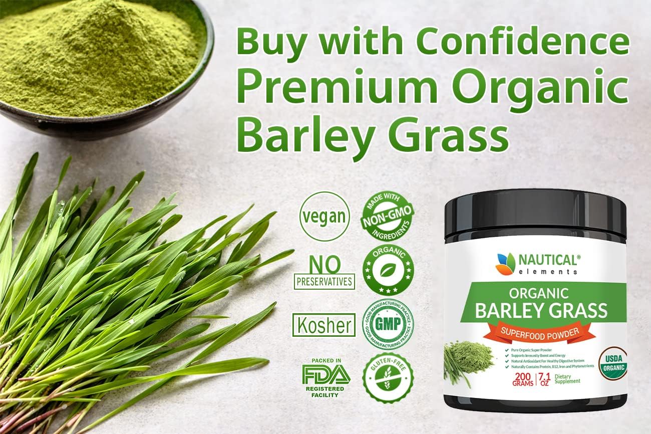 Organic Barley Grass Powder - USDA Certified, Non-GMO, Vegan, Rich in Antioxidants, Protein & Fiber - 200g for Smoothies, Detox & Energy Boost