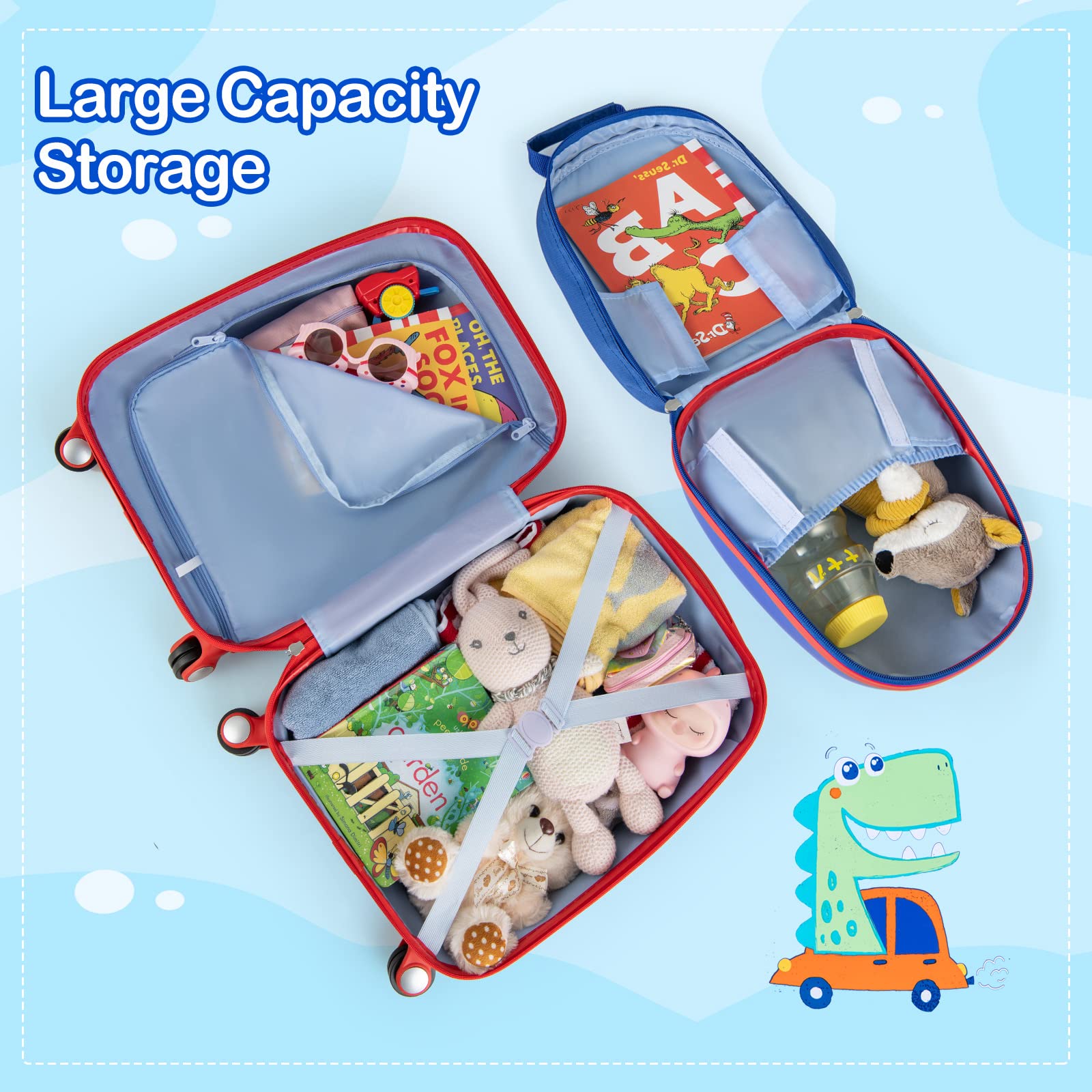 Olakids Kids Luggage Set - 12’’ Travel Backpack & 18’’ Wheeled Carry-On Suitcase for Boys & Girls, 2-Piece Spinner Trolley Case with Dinosaur Design - Perfect for Air Travel, Road Trips & School (Blue Dinosaur)