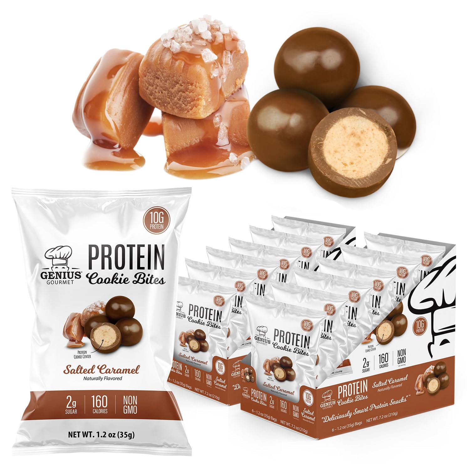 Genius Gourmet Protein Cookie Bites Salted Caramel - 10g Protein, No Added Sugar, Low Carb, Non-GMO - Healthy Protein Snacks for Adults & Kids - 12 Bags - Perfect for Post-Workout, School Lunch & On-the-Go Snacking