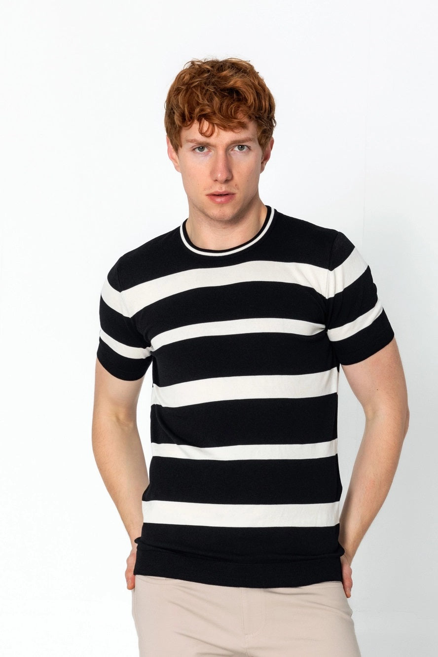 RNT23 Striped Knit T-Shirt for Men & Women - Soft Cotton Casual Tee - Black & White Striped Shirt for Everyday Wear, Outfits, and Layering