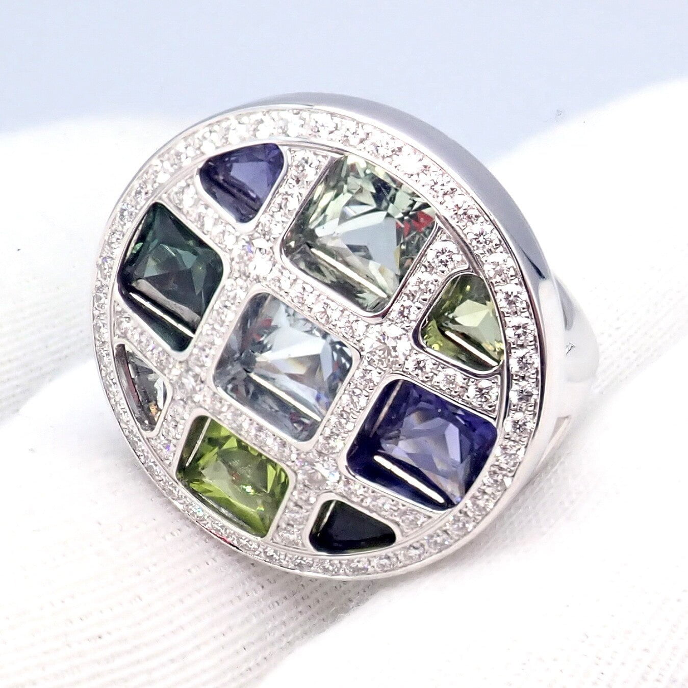 Cartier Pasha 18k White Gold Diamond & Color Stone Ring - Size 6 (52) with Original Box & Papers - Luxury Jewelry for Weddings, Anniversaries & Special Occasions