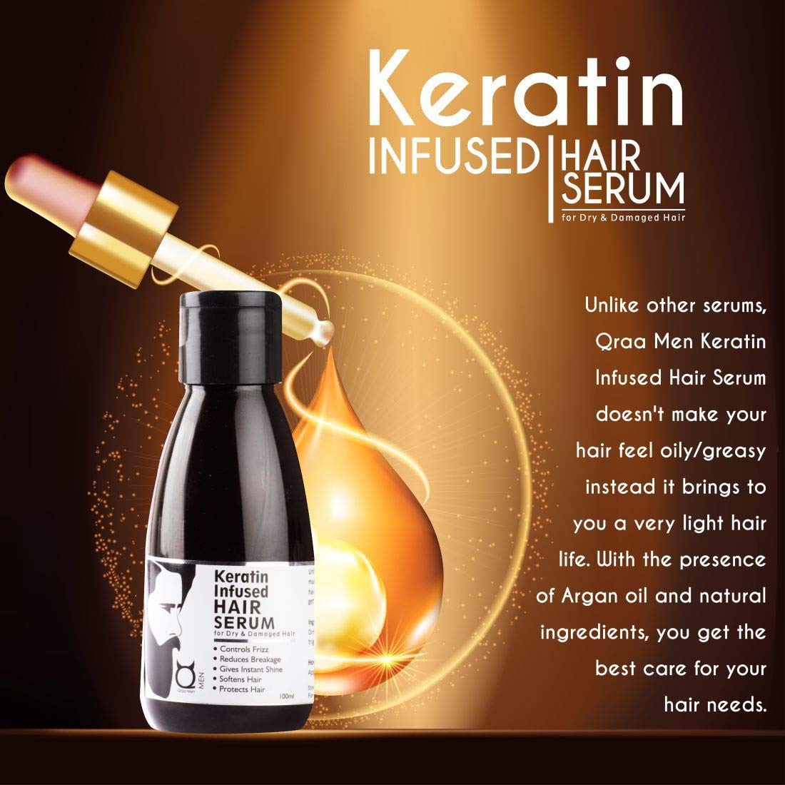 Qraa Keratin Infused Hair Serum for Dry and Damaged Hair Repair - 100ml Hair Treatment with Argan Oil & Vitamin E - Perfect for Frizzy Hair, Split Ends & Heat Protection - Salon Quality Leave-in Conditioner for Smooth & Shiny Hair