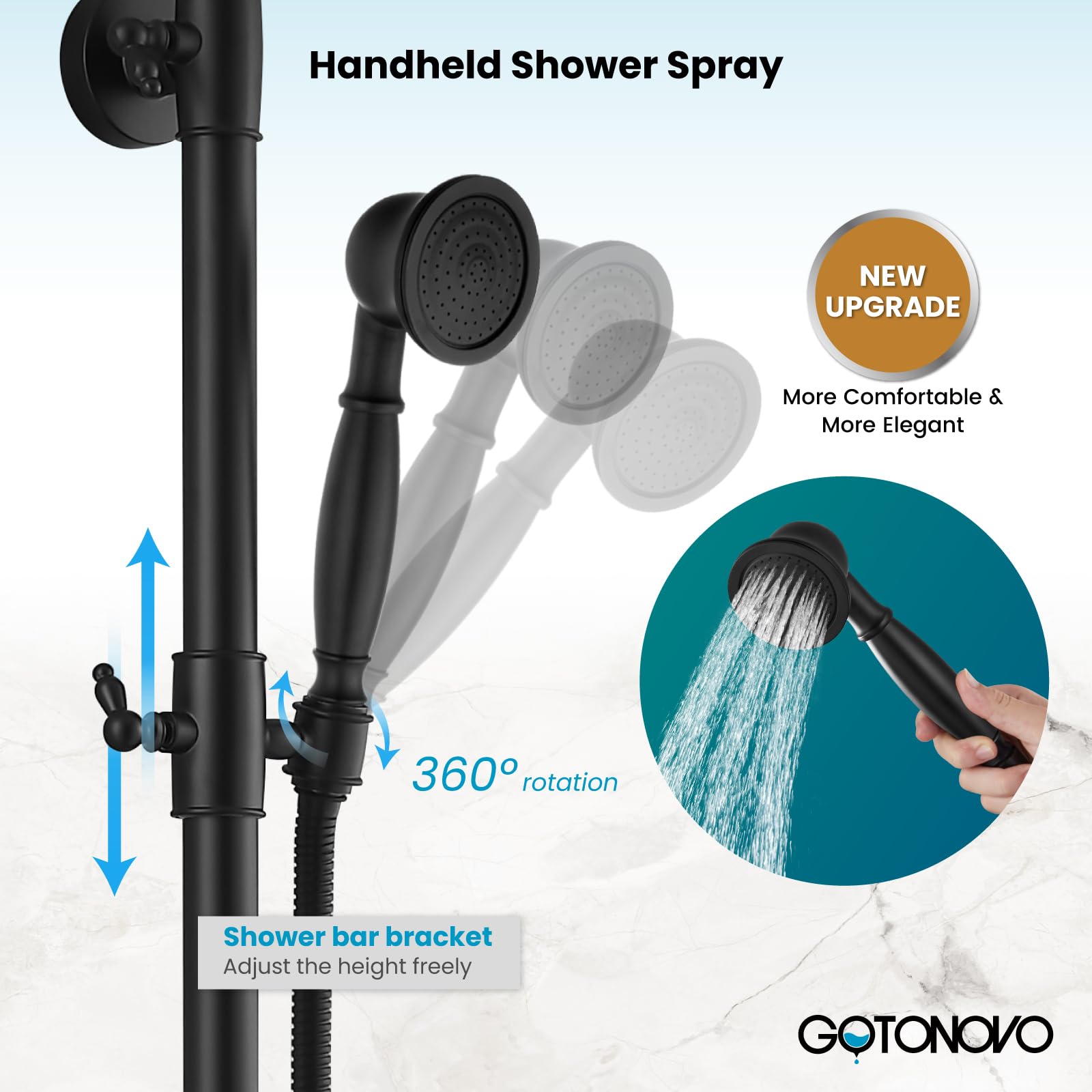 Gotonovo 8 Inch Rainfall Shower Head with Handheld Shower - Matte Black Wall Mount Bathroom Faucet Set (2 Functions, Cross Handle) for Spa-Like Experience & Modern Home Decor