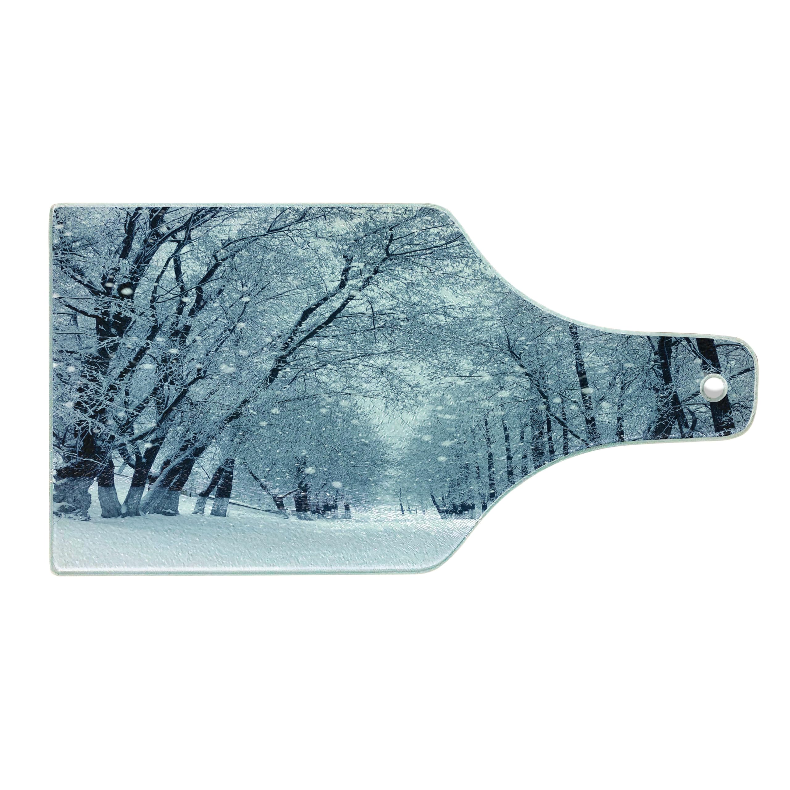 Ambesonne Winter Themed Tempered Glass Cutting Board - Snowy Forest Scenery with Wine Bottle Shape - Durable Serving Board for Cheese, Charcuterie & Holiday Entertaining - Pale Blue, Black & White Decorative Kitchen Accessory