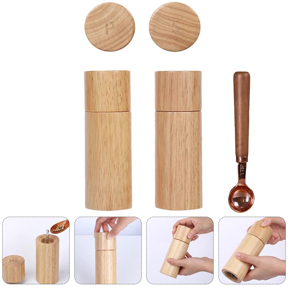 Premium Hemoton Coffee Bean Sea Salt & Pepper Set - 3-Piece Wooden Salt and Pepper Shakers with Refillable Dispenser for Kitchen, Dining Table & BBQ | Natural Wood Spice Containers for Home, Restaurant & Outdoor Cooking