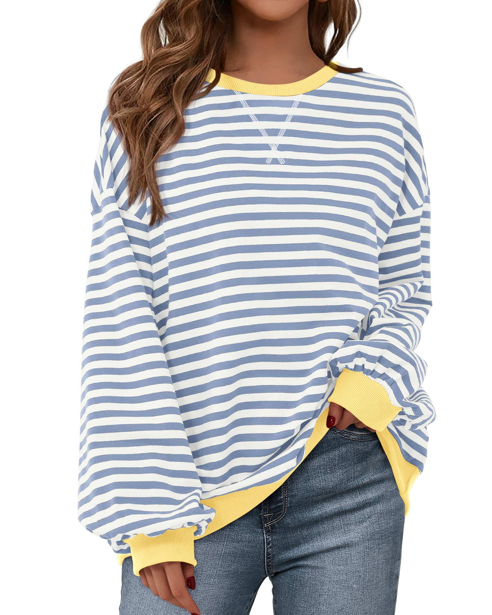 BTFBM Women's Striped Pullover Sweatshirt - Soft Long Sleeve Crewneck Y2K Loose Fit Top for Fall 2025 | Trendy Casual Outfit for Streetwear, College, and Weekend Hangouts