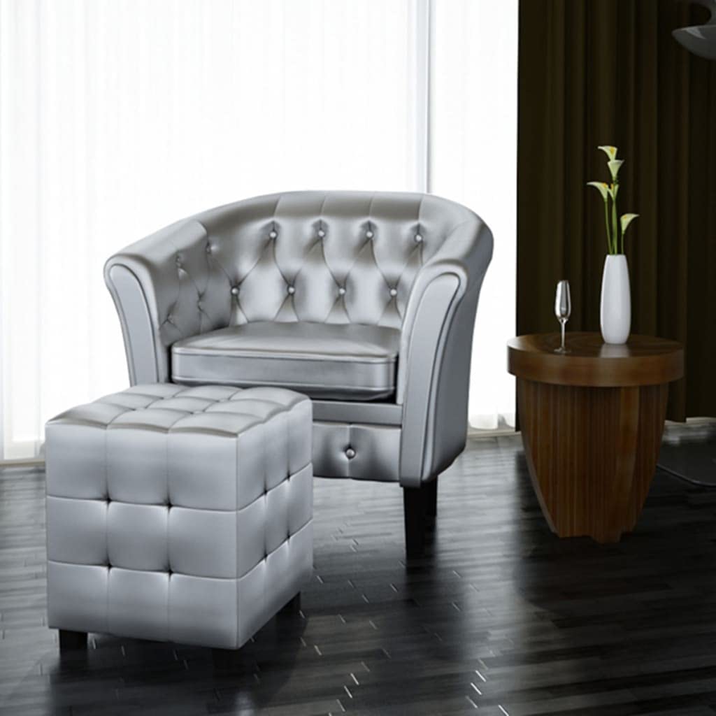 ZQQLVOO Modern Tub Chair with Footrest - Upholstered Faux Leather Accent Armchair for Living Room, Reading & Lounging - Silver Single Sofa Chair | Perfect for Small Spaces, Home Office & Relaxation
