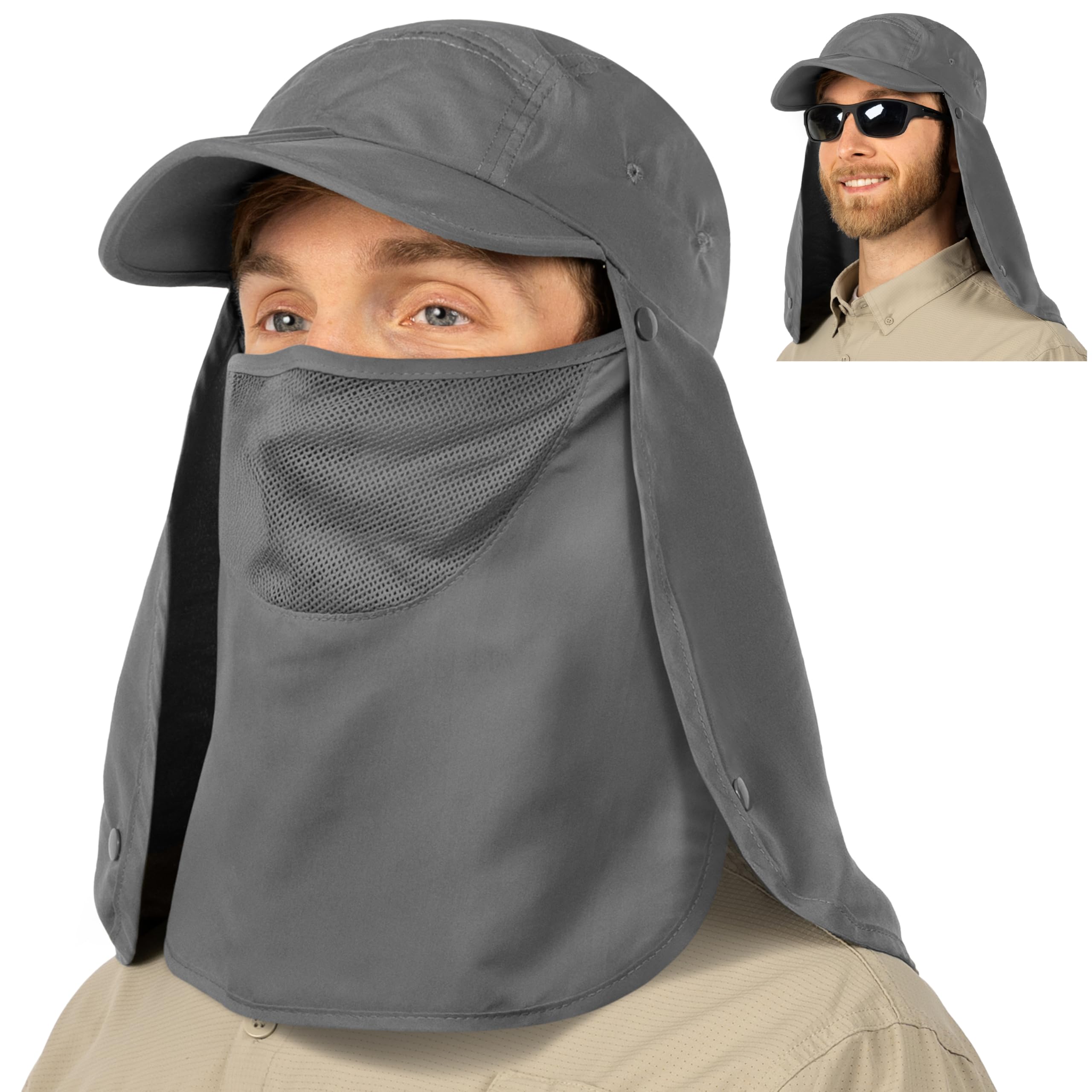 Men's SUN CUBE UV Protection Fishing Hat with Neck Flap & Face Cover - Outdoor Bucket Cap for Hiking, Running, Fishing & Beach Activities - UPF 50+ Sun Hat for Summer Adventures