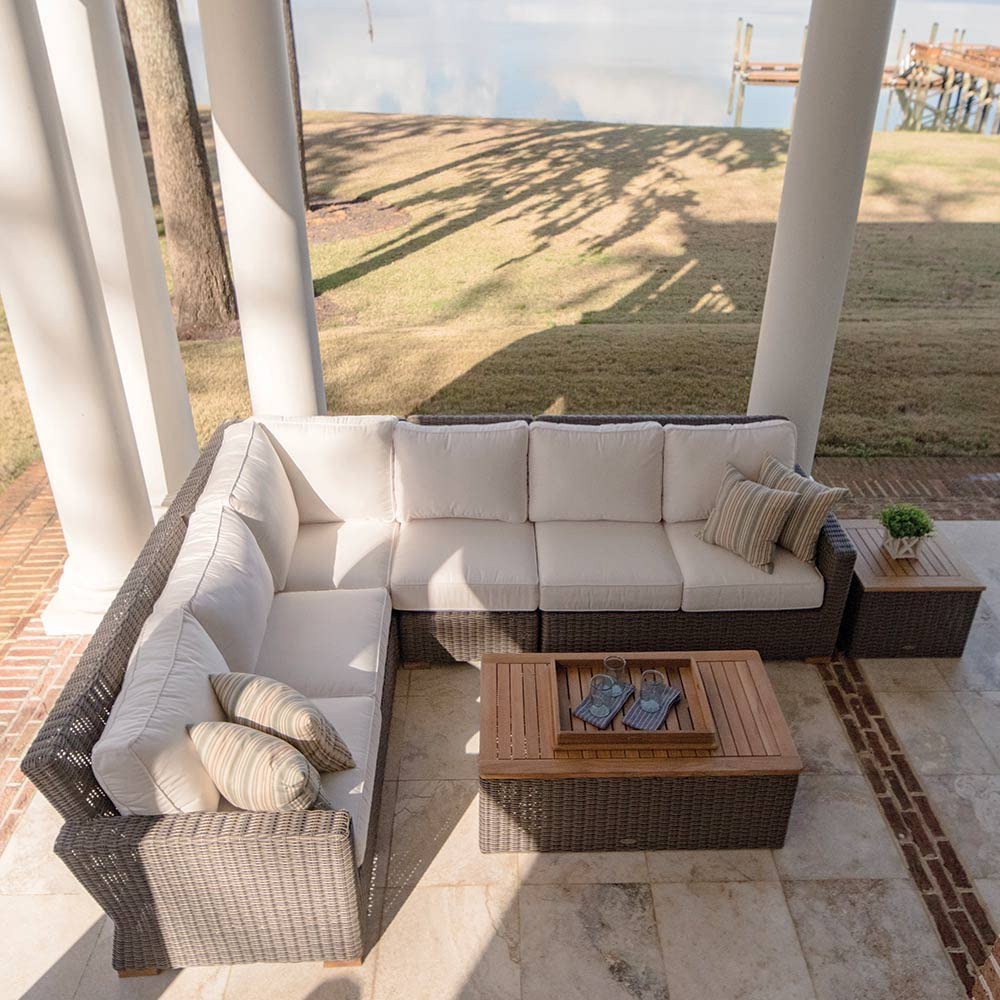 Sanibel 6-Piece Deep Seating Teak Patio Furniture Set with Sectional Sofa, Rectangular Coffee Table & Side Table (P163NA) - Navy Heavy Duty Outdoor Cushions for Poolside, Garden & Backyard Relaxation