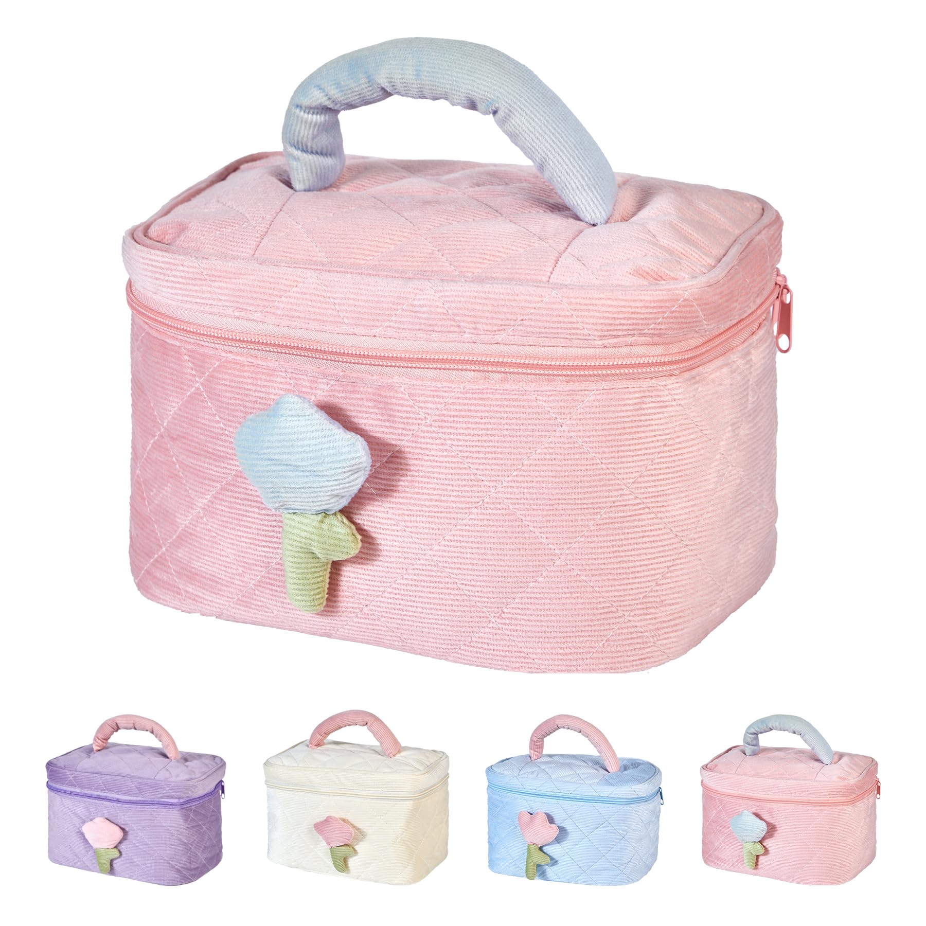 Roycraft Pink Corduroy Makeup Bag - Large Capacity Travel Cosmetic Organizer for Women & Girls