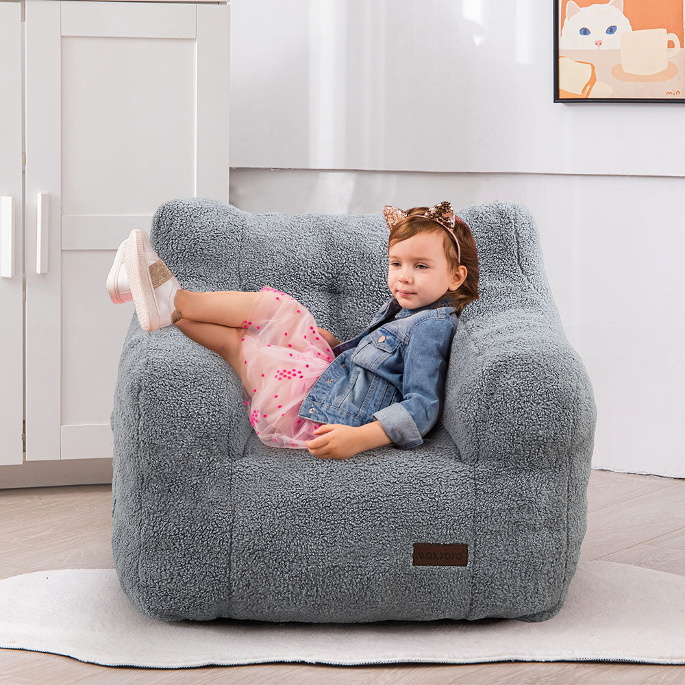 MAXYOYO Kids Sherpa Bean Bag Chair - Soft Teddy Lazy Sofa for Boys & Girls, Grey - Cozy Reading Nook & Playroom Seating for Children's Bedroom