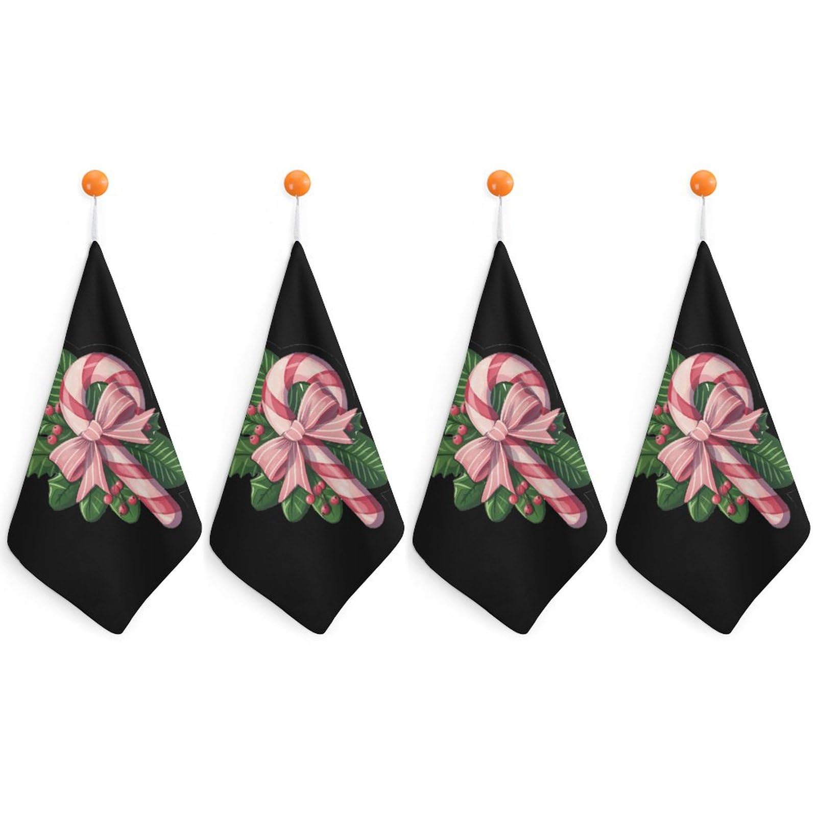 Christmas Candy Cane Bow Square Hand Towels - 4PCS Quick Dry Bathroom & Kitchen Towels with Hanging Loop for Face Washing, Holiday Decor, and Festive Home Decorations