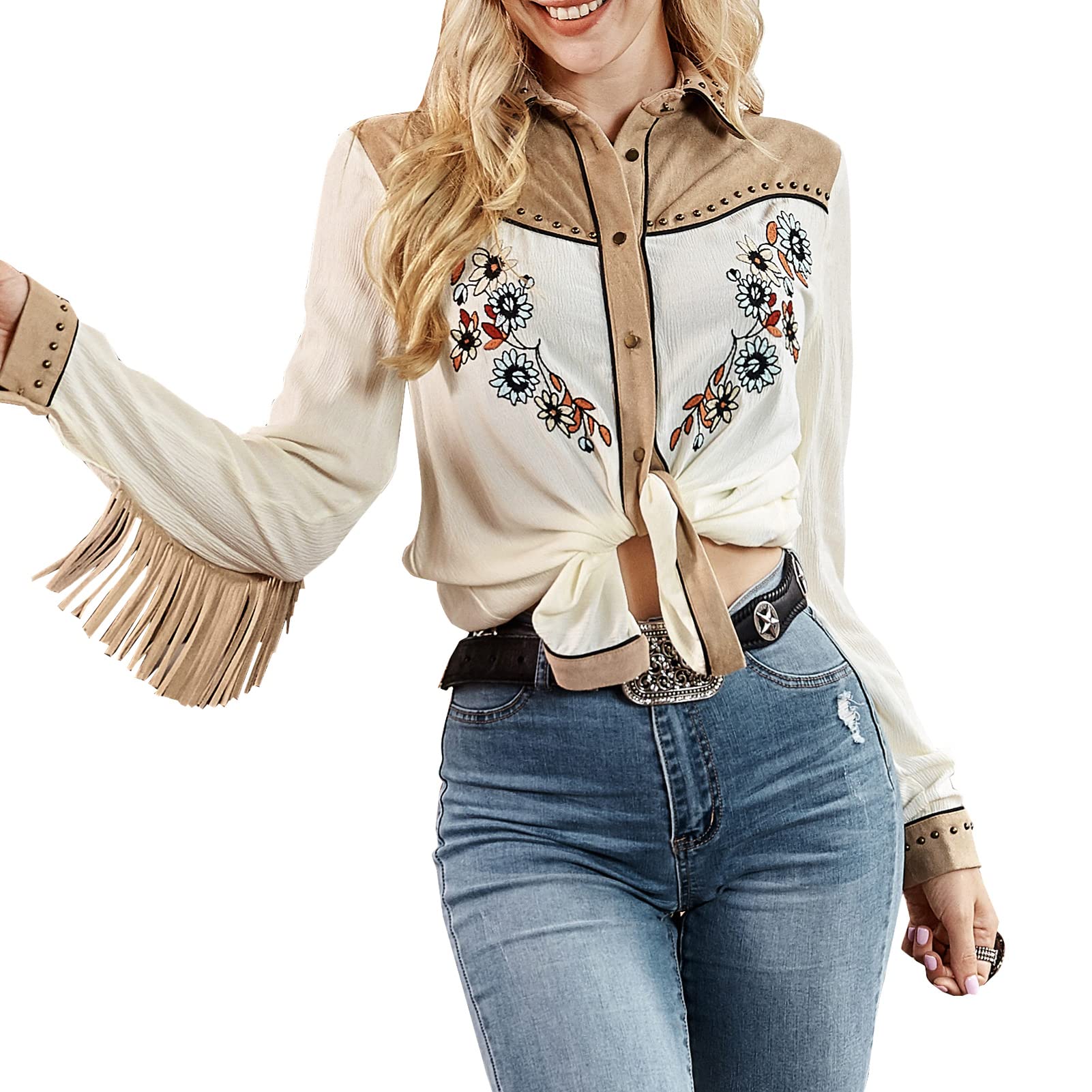 JOHN MOON Women's Embroidered Western Long Sleeve Button Down Shirt - Vintage Collared Casual Blouse for Cowgirl Style, Country Music Festivals & Western Themed Parties
