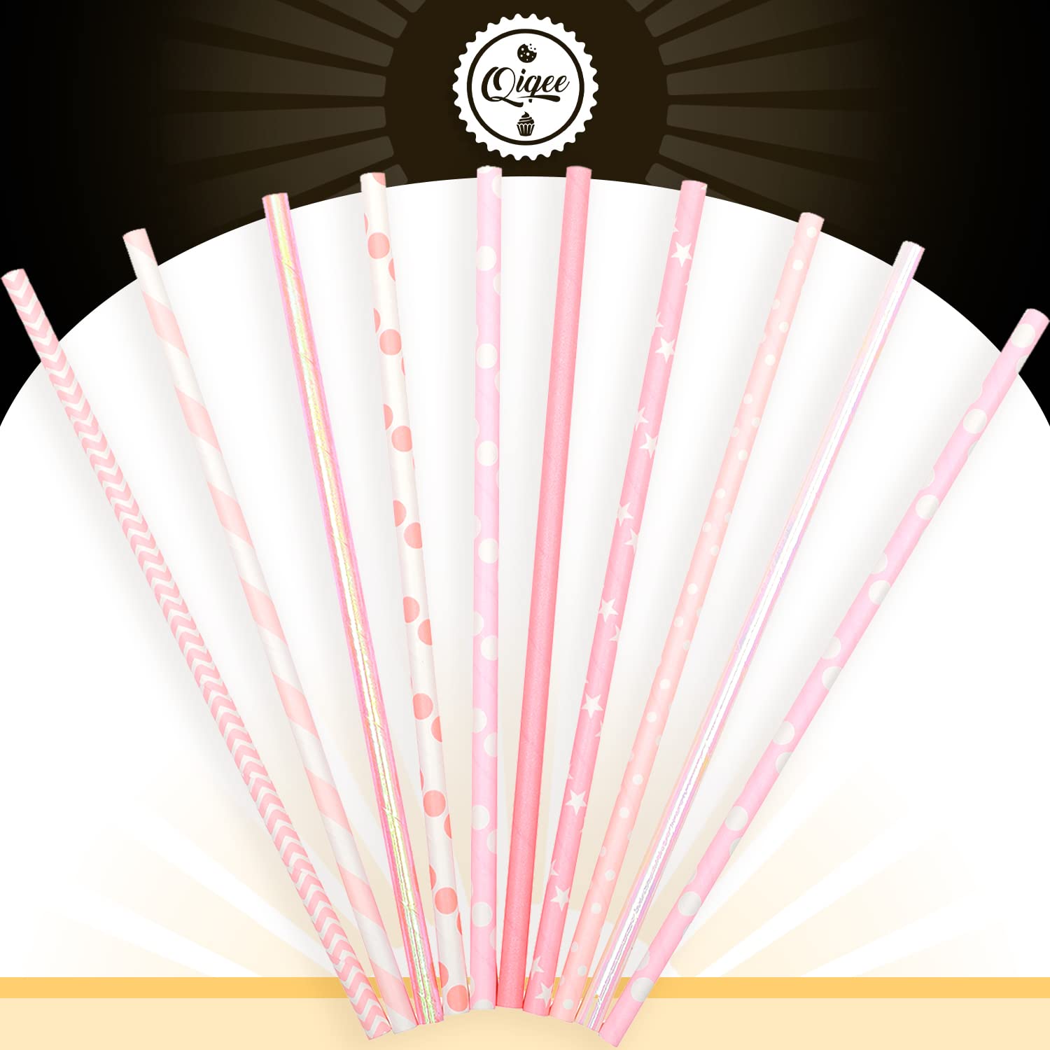 Eco-Friendly Pink Paper Straws Bulk 150pcs - Biodegradable Disposable Drinking Straws in 10 Cute Patterns for Parties, Weddings & Summer Beverages
